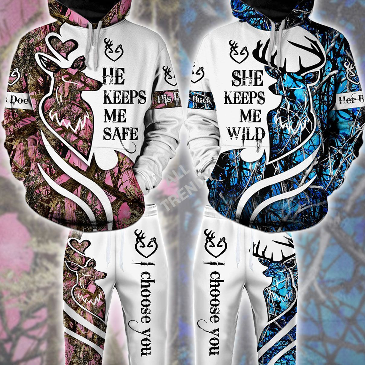 Buck n Doe Wild Safe Hunting I Choose You Hoodie Combo Blue Pink