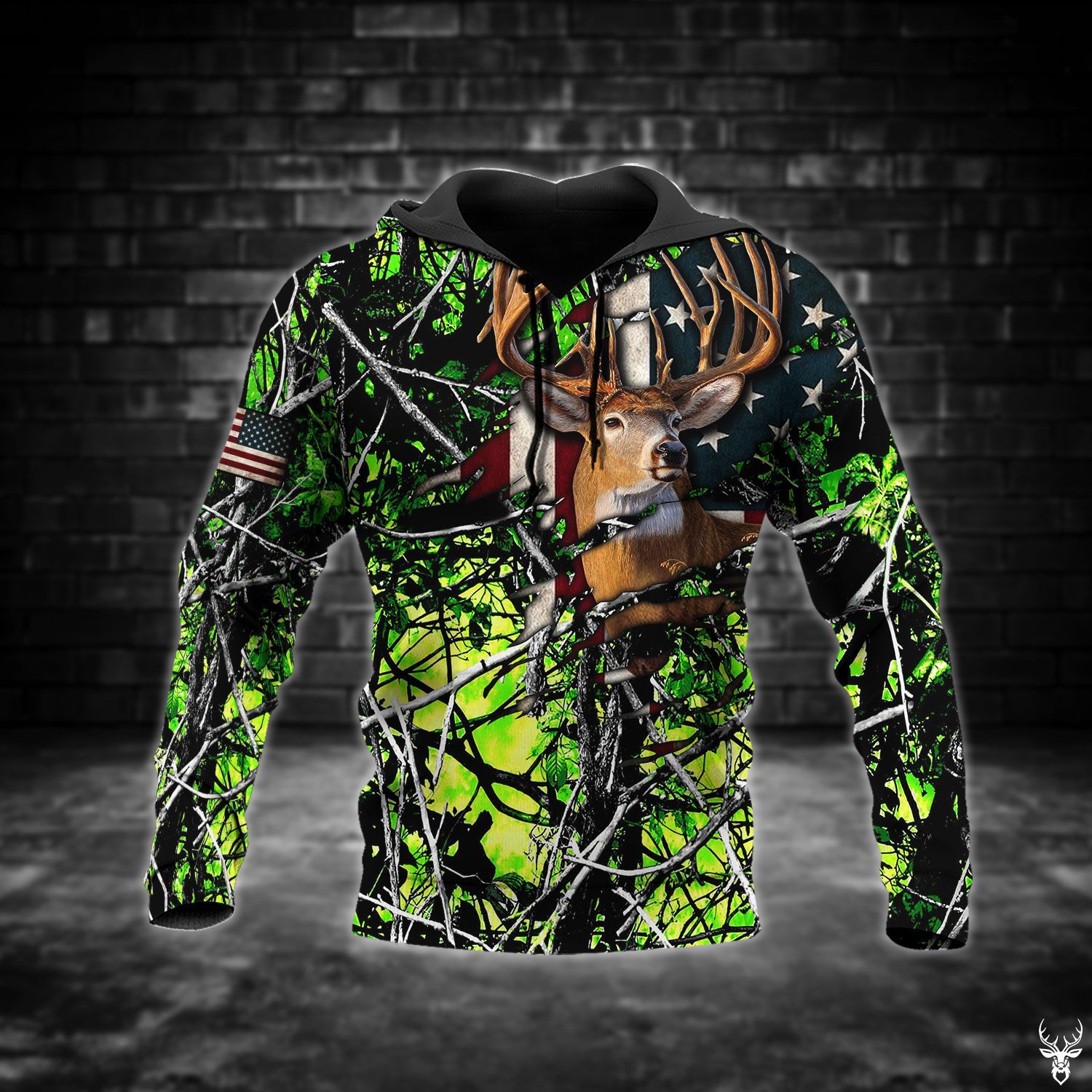 DEER HUNTING CAMO GREEN FLAG HOODIE TDT152008F02KW