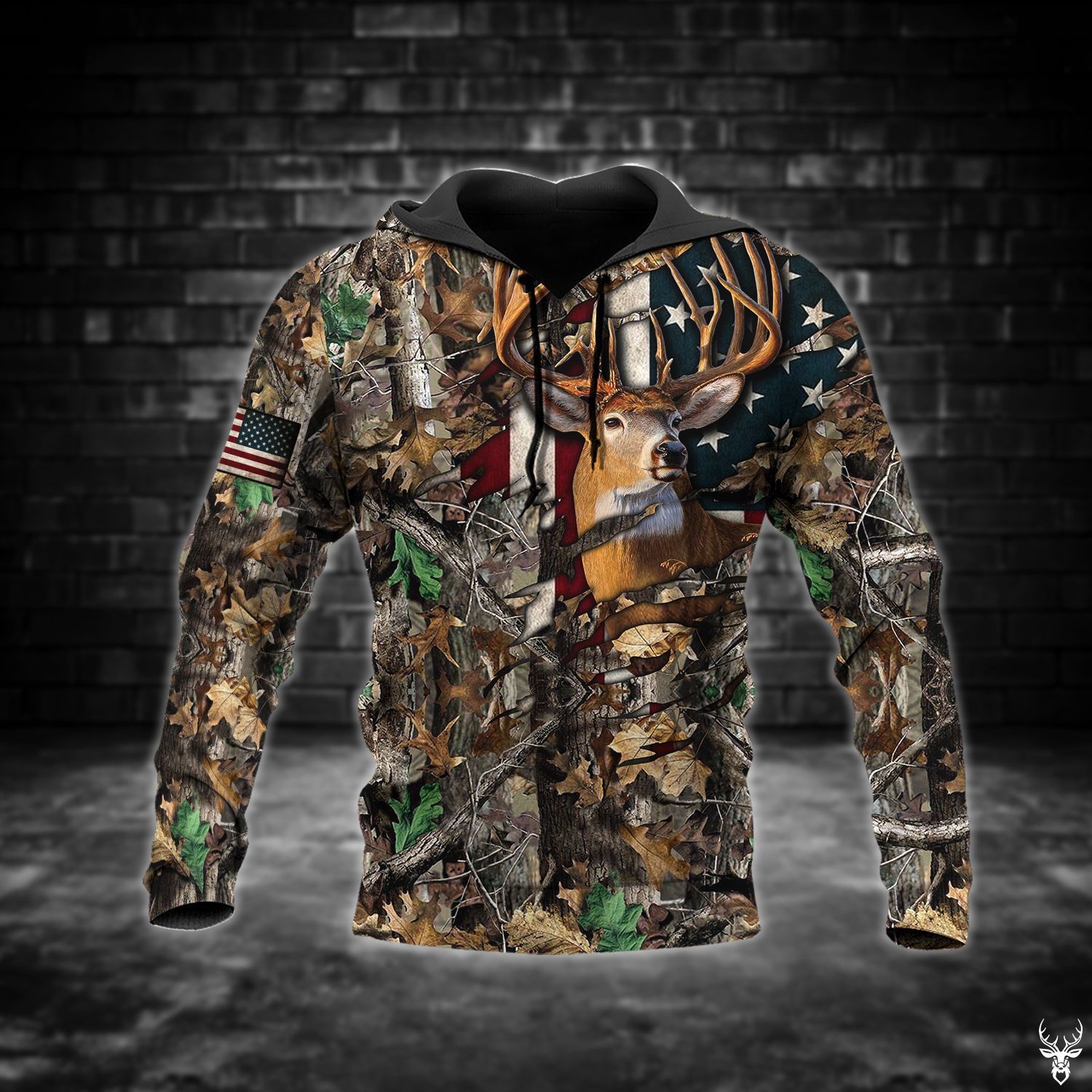 DEER HUNTING CAMO BROWN FLAG HOODIE TDT152008F02KW