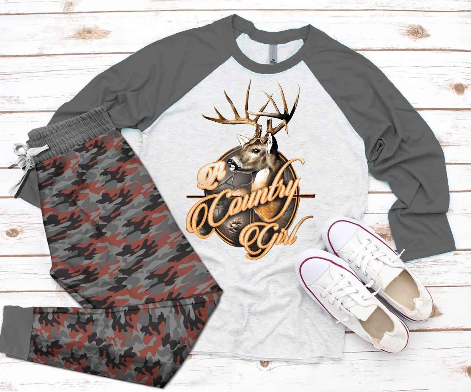 Deer Hunting Country Girl DHC0501797TH Adult Raglan Shirt And Pajamas Pant Set Pjs Sleepwear For Women