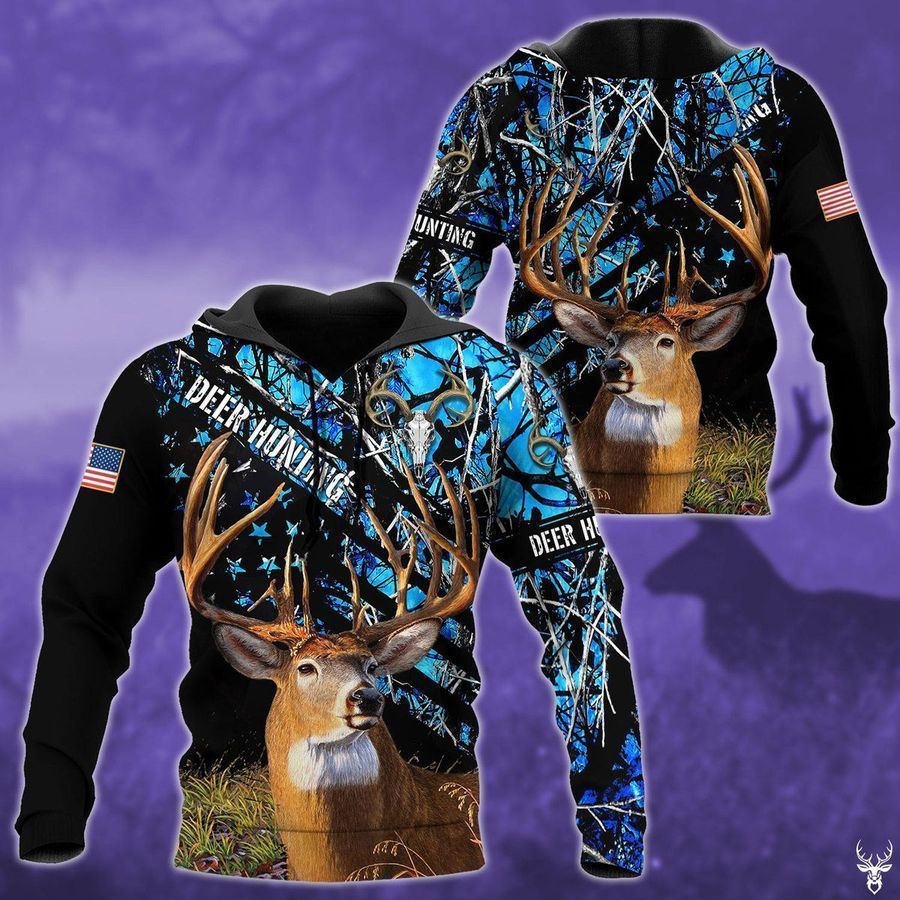 Deer Hunting Blue Flag Unique 3D Printed Sublimation Hoodie Hooded Sweatshirt Comfy Soft And Warm For Men Women S to 5XL CTC15011250