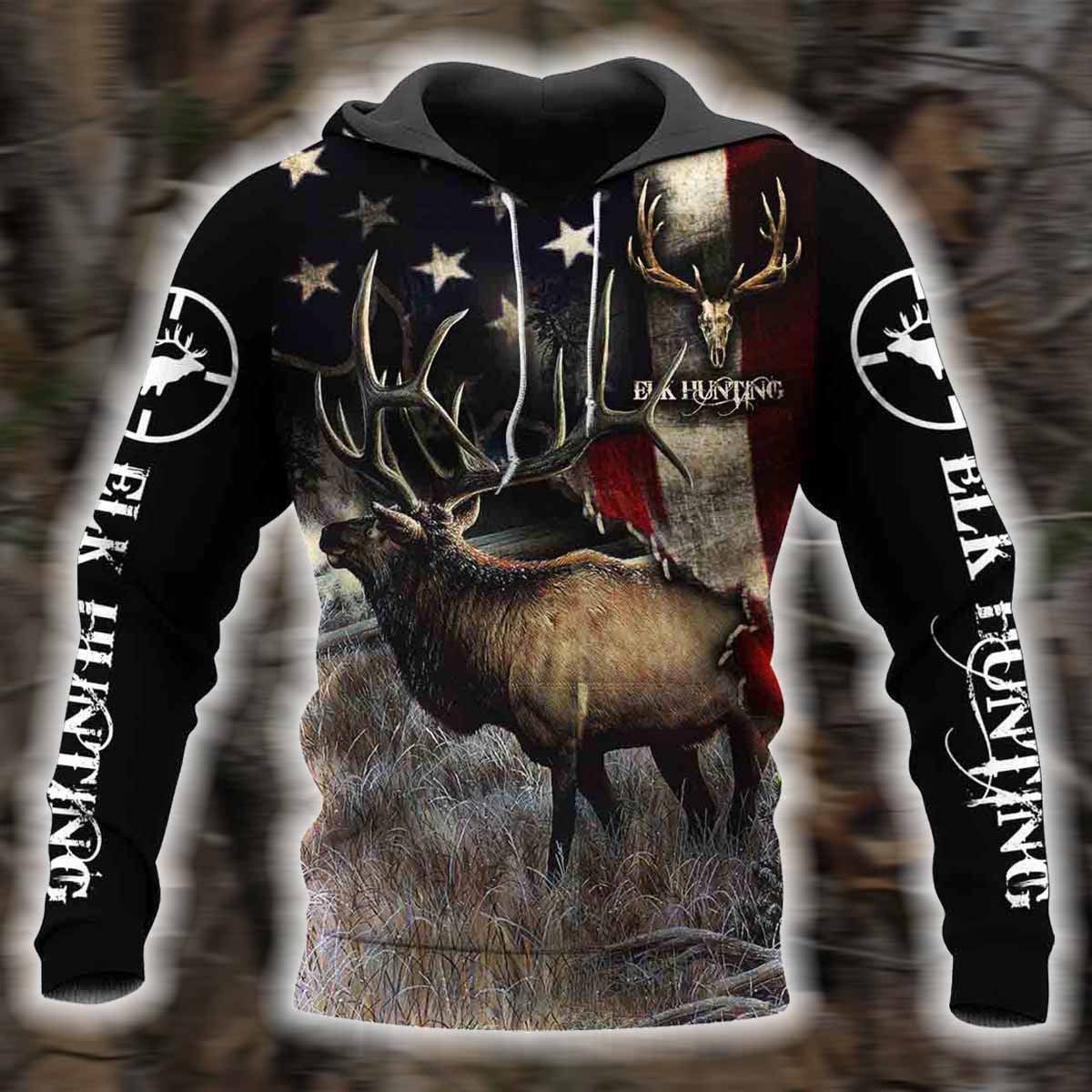 Elk Hunting American Flag Patriotic Black 3D Printed Sublimation Hoodie Hooded Sweatshirt Comfy Soft And Warm For Men Women S to 5XL CTC15011179