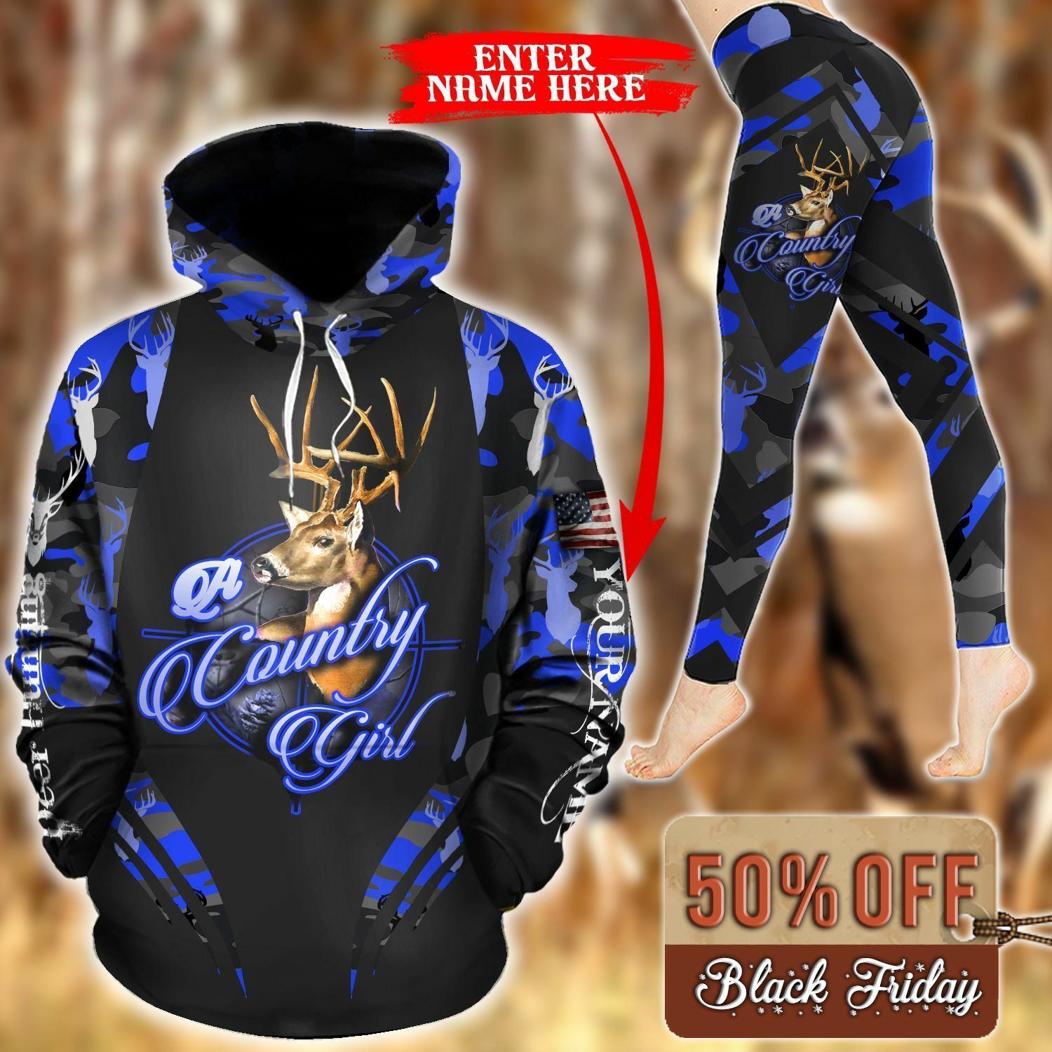 Deer Hunting Camo Personalized Blue Unique 3D Printed Sublimation Leggings Hoodie Set Hooded Sweatshirt Comfy Yoga Pants Tummy Control CTC1401544