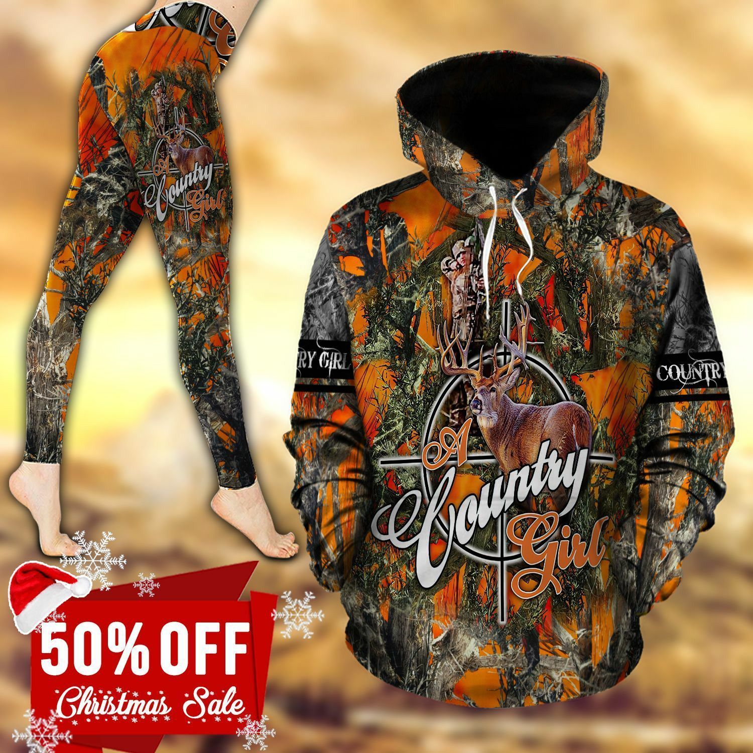 Deer Hunting Country Girl Camouflage Orange Unique 3D Printed Sublimation Leggings Hoodie Set Hooded Sweatshirt Comfy Yoga Pants Tummy Control CTC140196