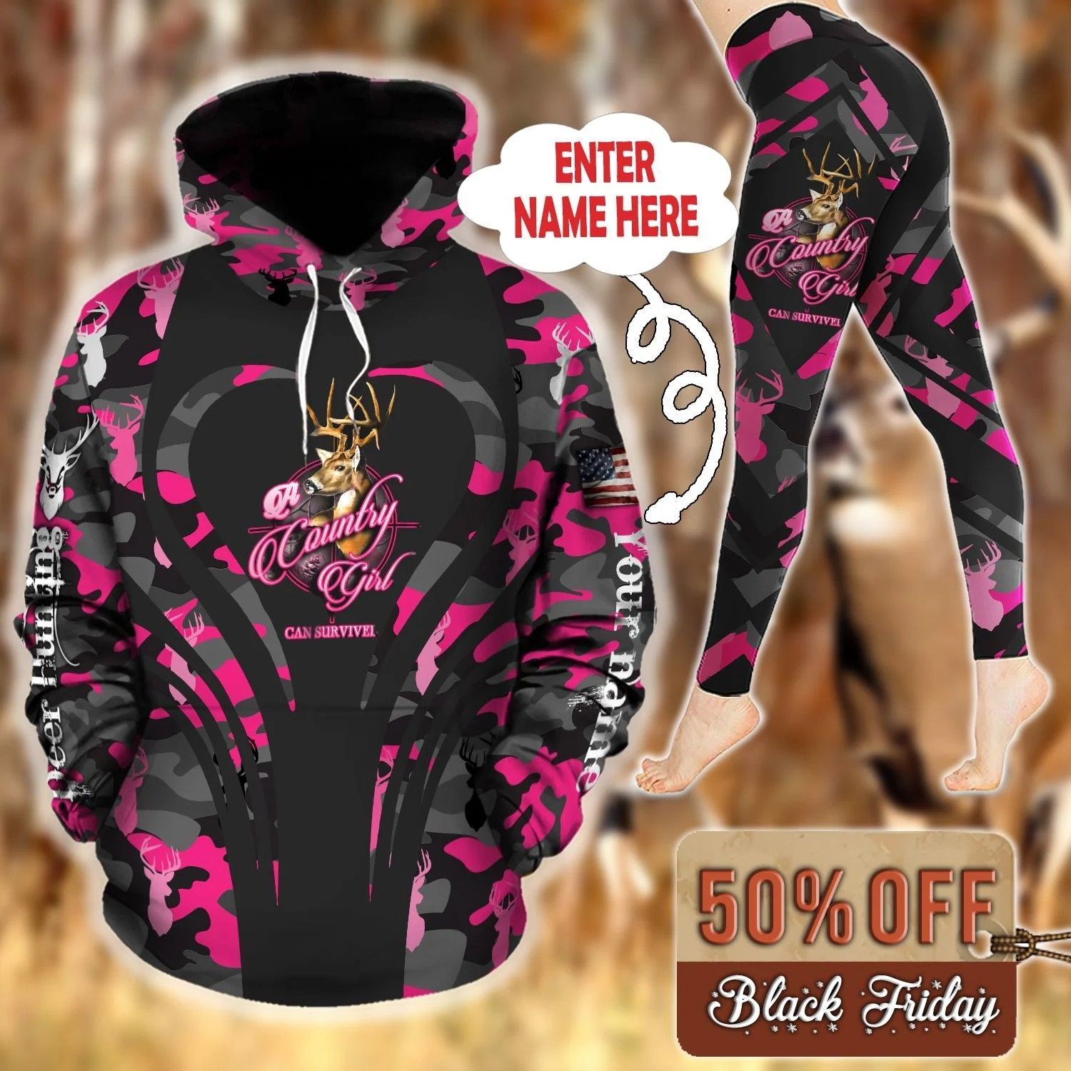 Deer Hunting Country Girl Pink Camo Personalized Unique 3D Printed Sublimation Leggings Hoodie Set Hooded Sweatshirt Comfy Yoga Pants Tummy Control CTC1401532