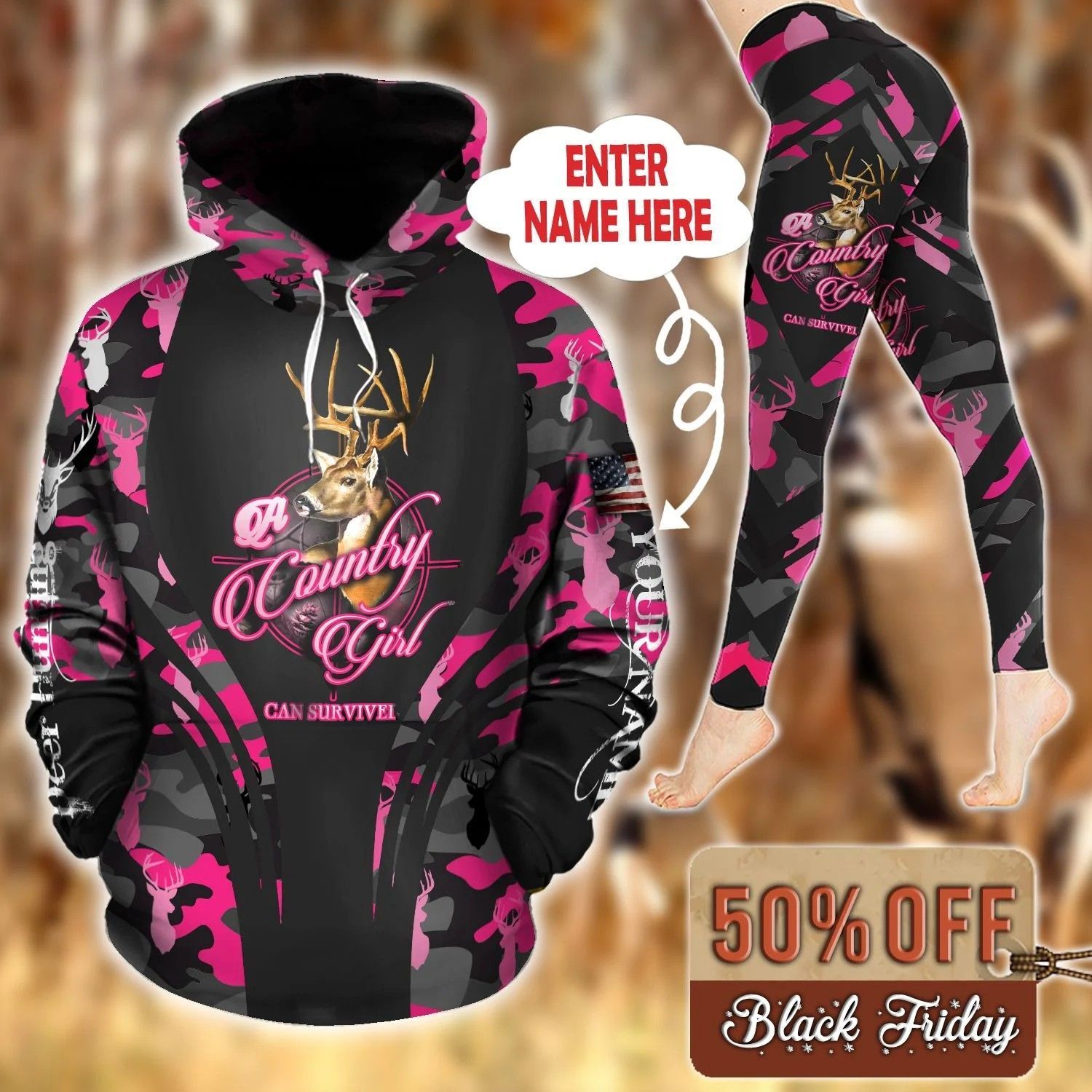 Deer Hunting Country Girl Camo Pink Personalized Unique 3D Printed Sublimation Leggings Hoodie Set Hooded Sweatshirt Comfy Yoga Pants Tummy Control CTC1401534