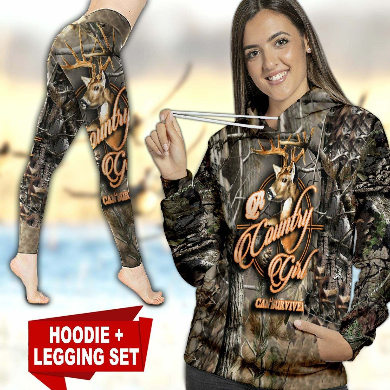 Deer Hunting Country Girl Camouflage Unique 3D Printed Sublimation Leggings Hoodie Set Hooded Sweatshirt Comfy Yoga Pants Tummy Control CTC140198