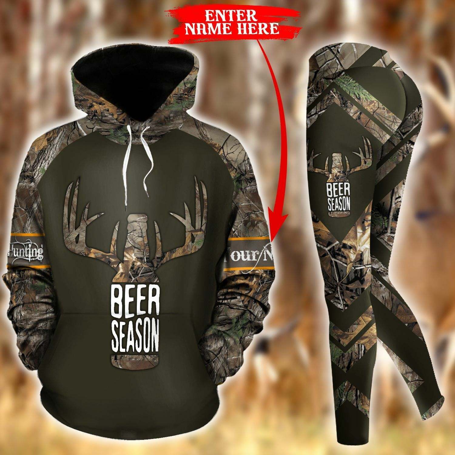 Deer Hunting Beer Camouflage Personalized Unique 3D Printed Sublimation Leggings Hoodie Set Hooded Sweatshirt Comfy Yoga Pants Tummy Control CTC1401545