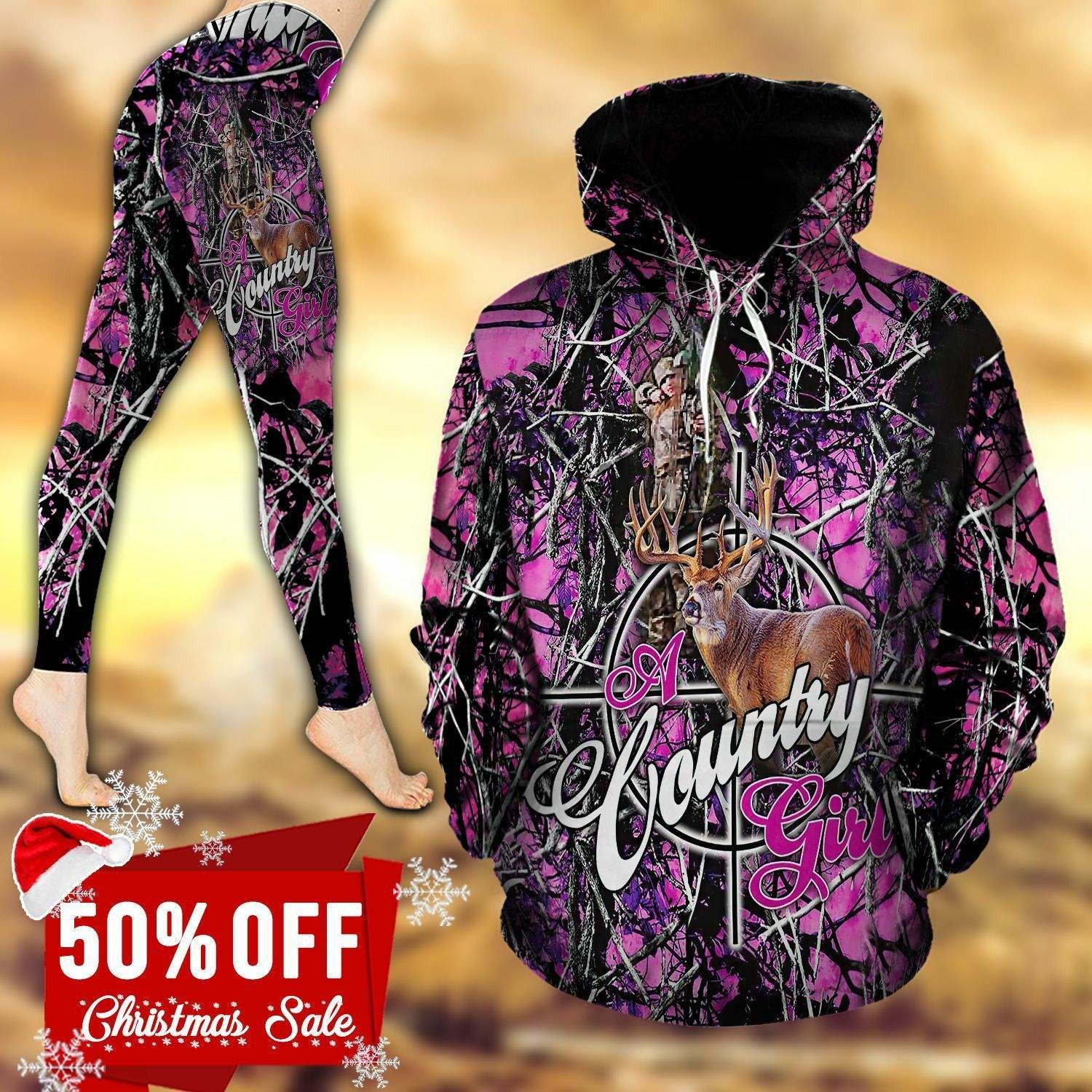 Deer Hunting Country Girl Lilac Camouflage Unique 3D Printed Sublimation Leggings Hoodie Set Hooded Sweatshirt Comfy Yoga Pants Tummy Control CTC140192