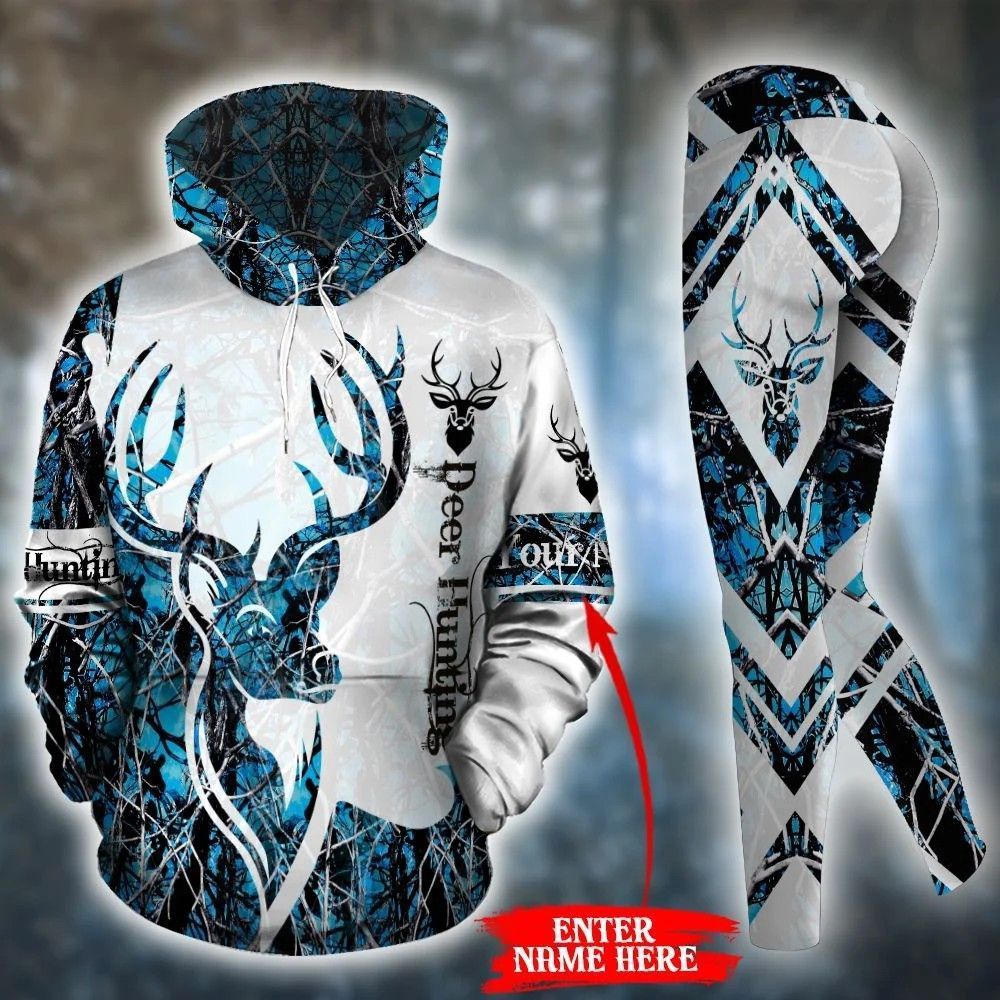 Deer Hunting Personalized Blue And White Unique 3D Printed Sublimation Leggings Hoodie Set Hooded Sweatshirt Comfy Yoga Pants Tummy Control CTC1401529