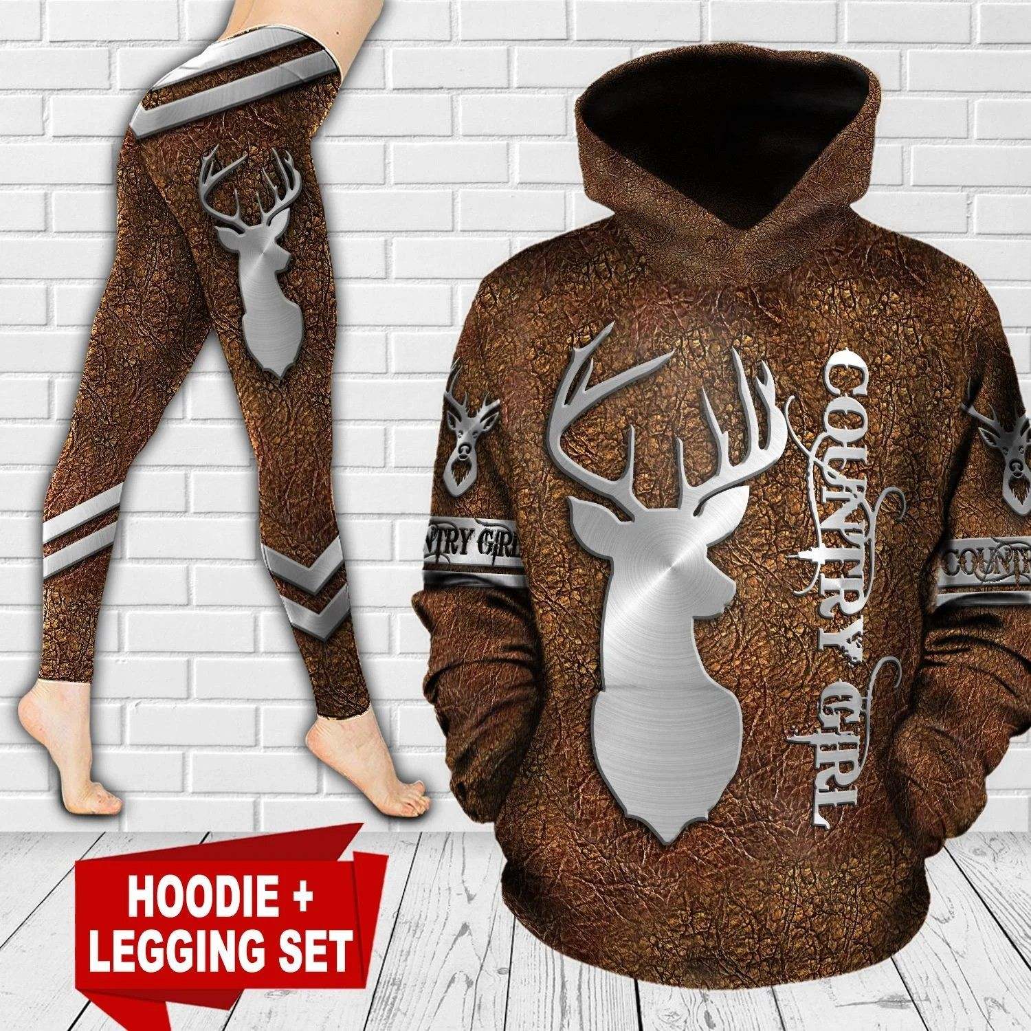 Deer Hunting Brown Unique 3D Printed Sublimation Leggings Hoodie Set Hooded Sweatshirt Comfy Yoga Pants Tummy Control CTC1401102