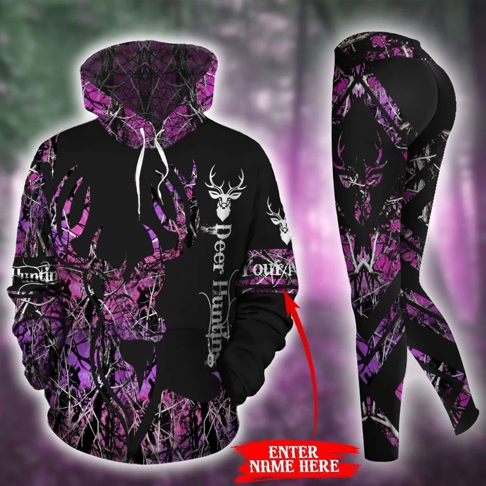 Deer Hunting Purple And Black Personalized Unique 3D Printed Sublimation Leggings Hoodie Set Hooded Sweatshirt Comfy Yoga Pants Tummy Control CTC1401525