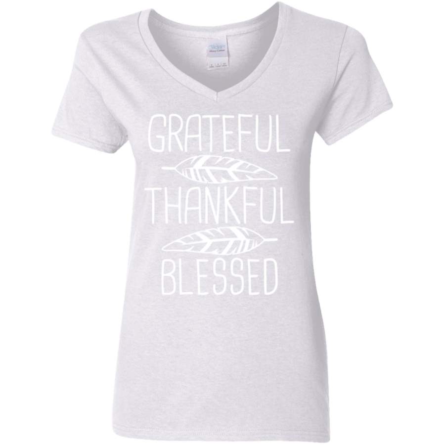 Women Grateful Thankful Blessed Thanksgiving Shirt Women V-Neck T-Shirt