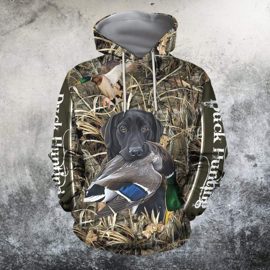 3D All Over Printed Black Dog hunting Duck Hoodie