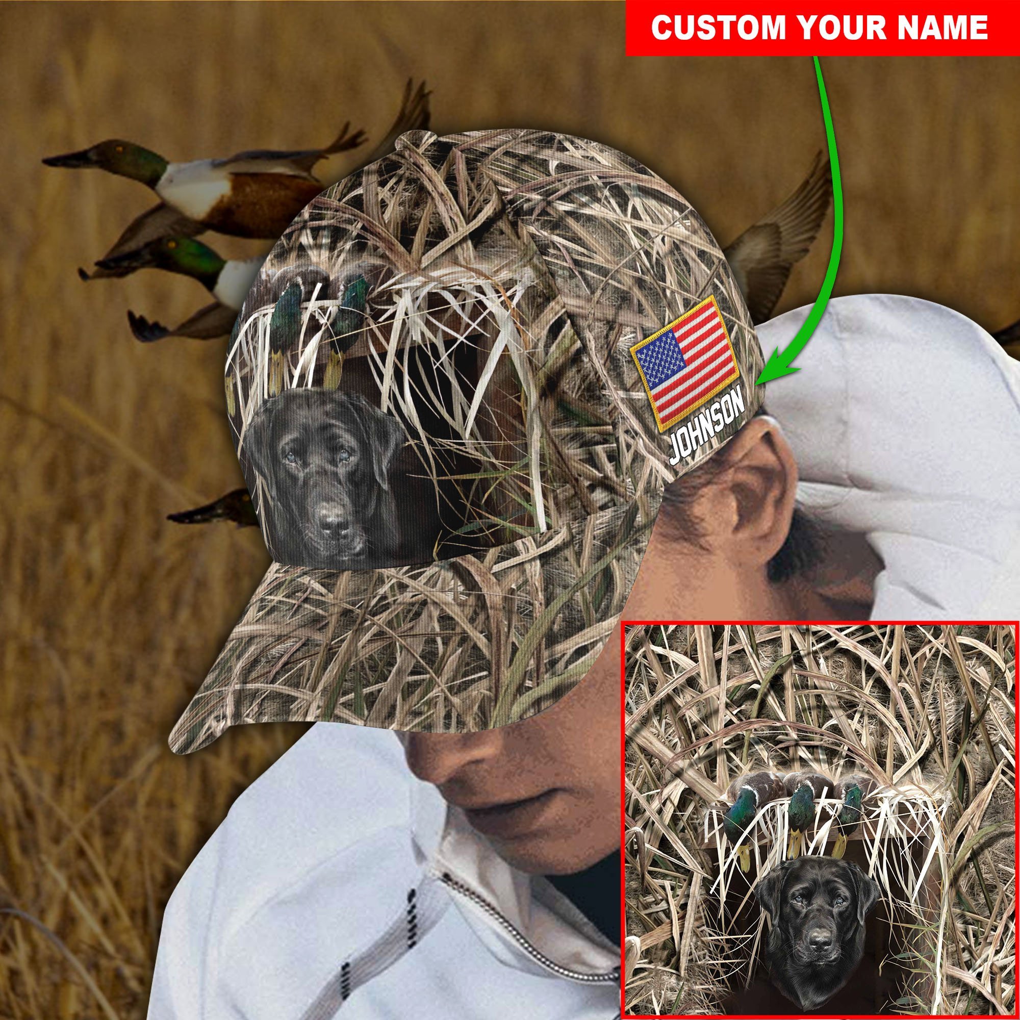 Custom MALLARD DUCK HUNTING Labrador Retriever Cap Duck Hunting Dog Cap 3D Design Custom Name All Over Printed