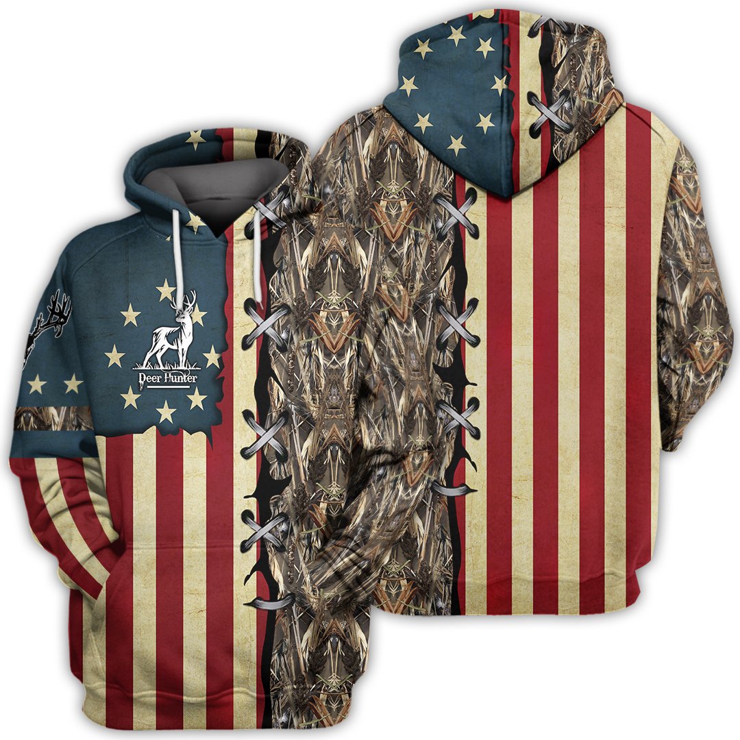 American Flag Deer hunting Camo 3D Hoodie