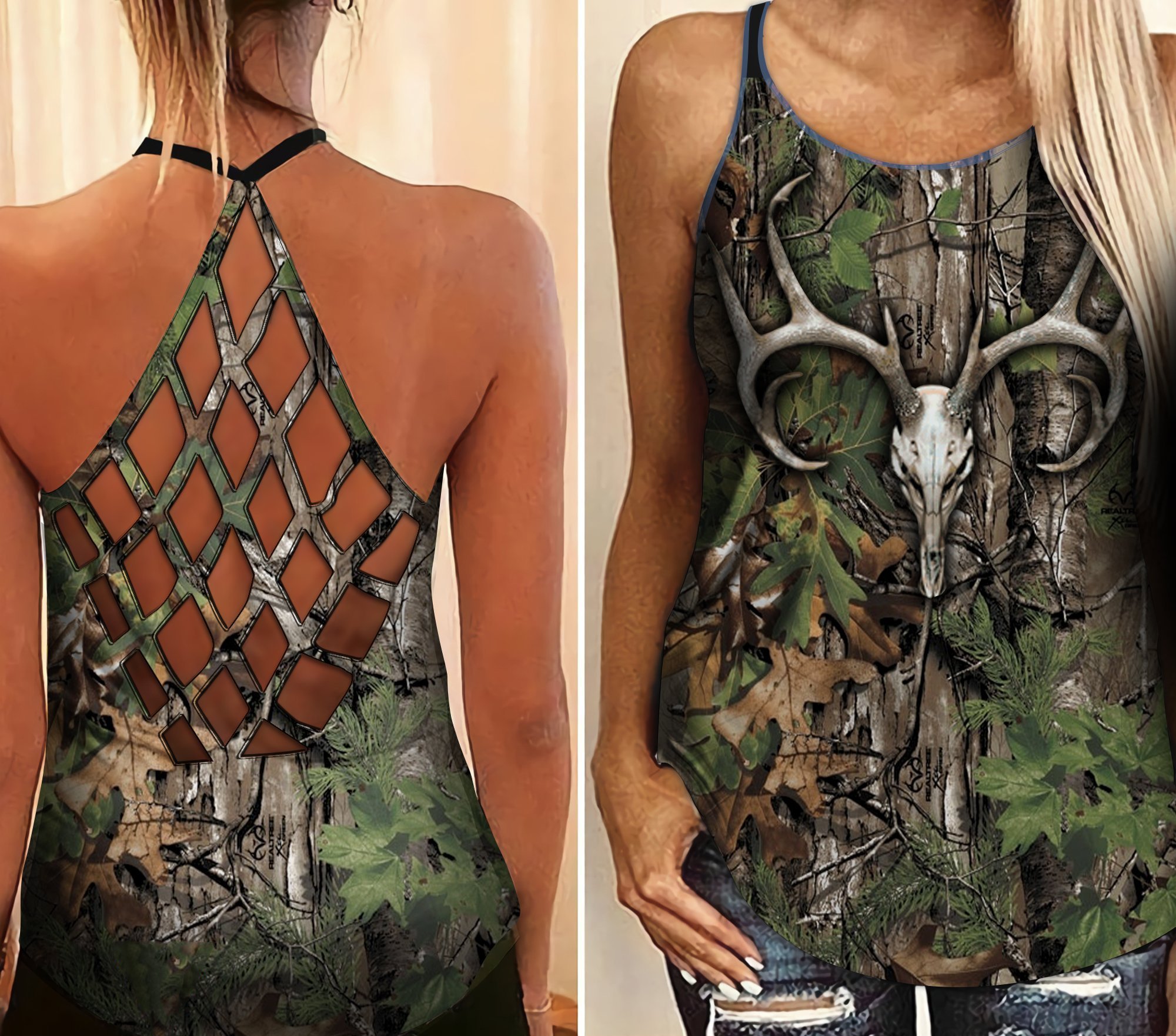 Hunting Girl Camouflage Criss-Cross Open Back Camisole Tank Top