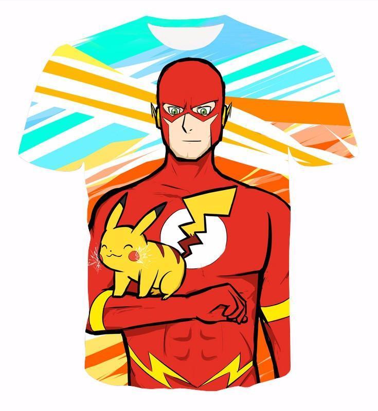 DC Comics The Flash Meets Cute Pikachu Character from Pokemon 3D T-Shirt