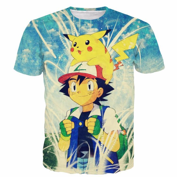 Cute Ash Ketchum Satoshi and Pikachu Pokemon 3D Sky Blue T-Shirt