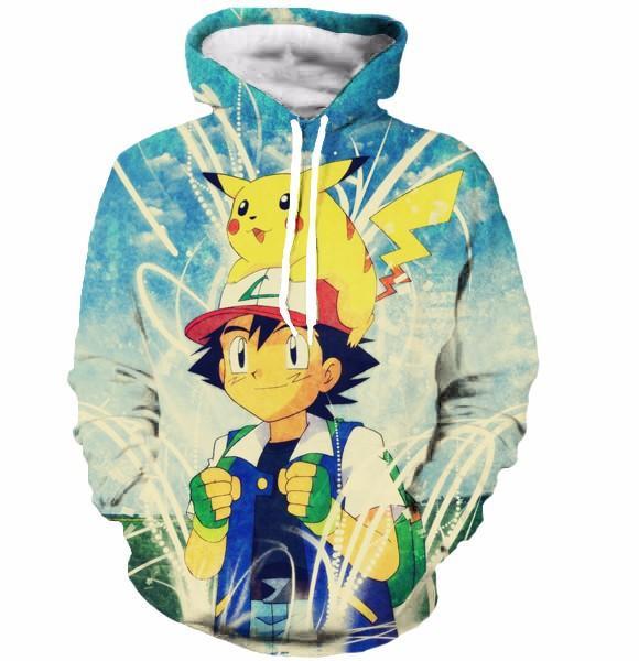 Cute Ash Ketchum Satoshi and Pikachu Pokemon 3D Sky Blue Hoodie