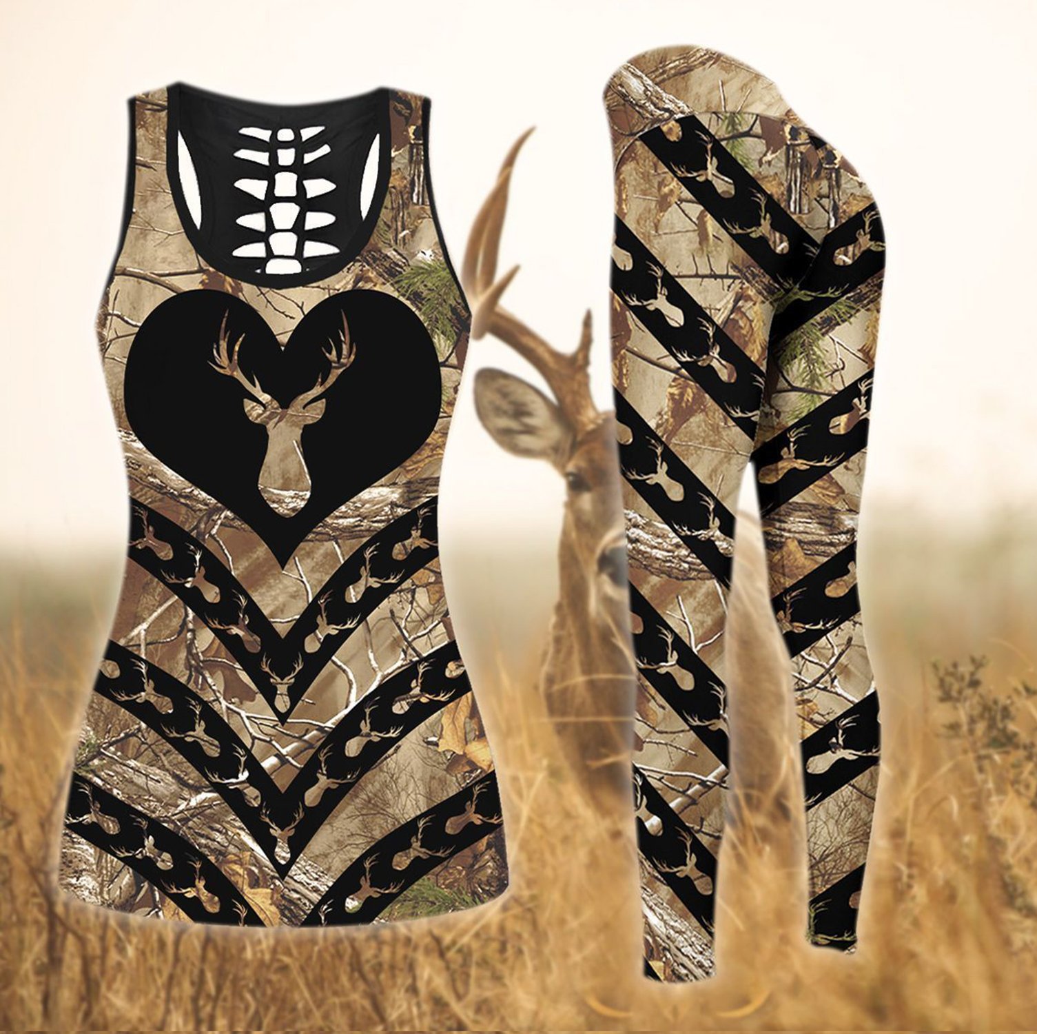 Hunting Deer Stripe Black & Tan Combo Hollow Tank & Legging Outfit 131