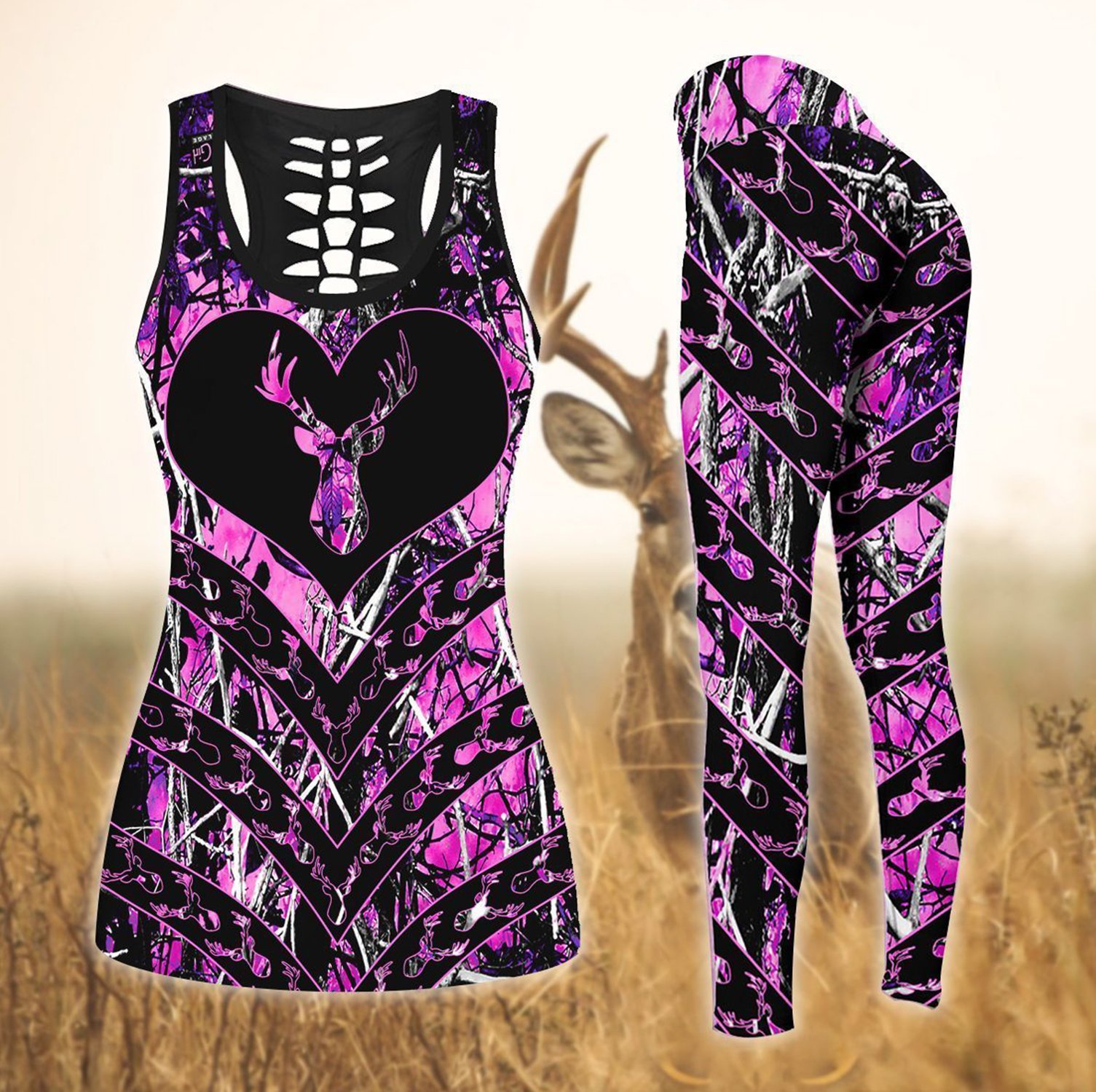 Hunting Deer Black & Purple Combo Hollow Tank & Legging Outfit 131