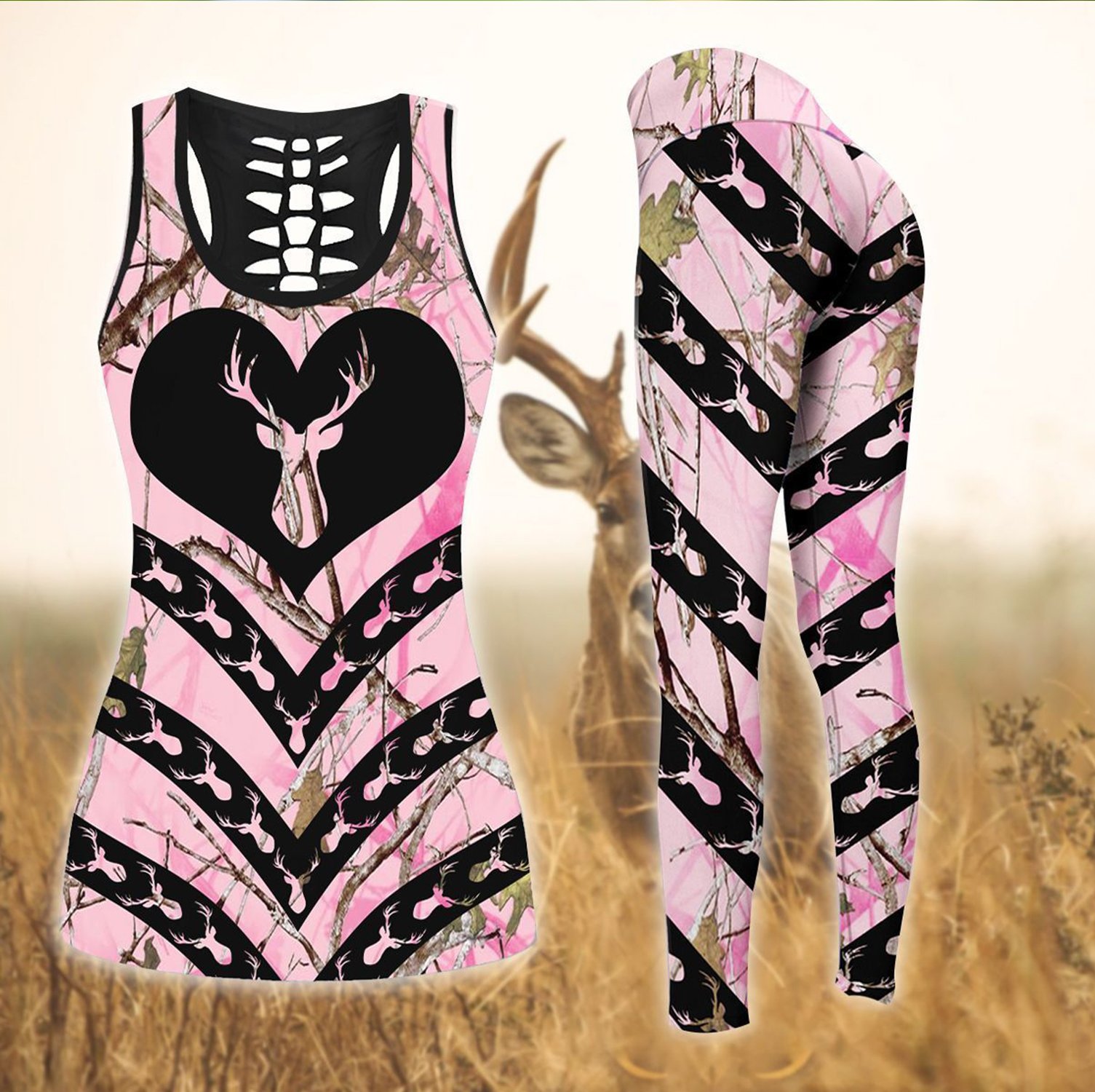 Hunting Deer Black Pink Combo Hollow Tank & Legging Outfit 131