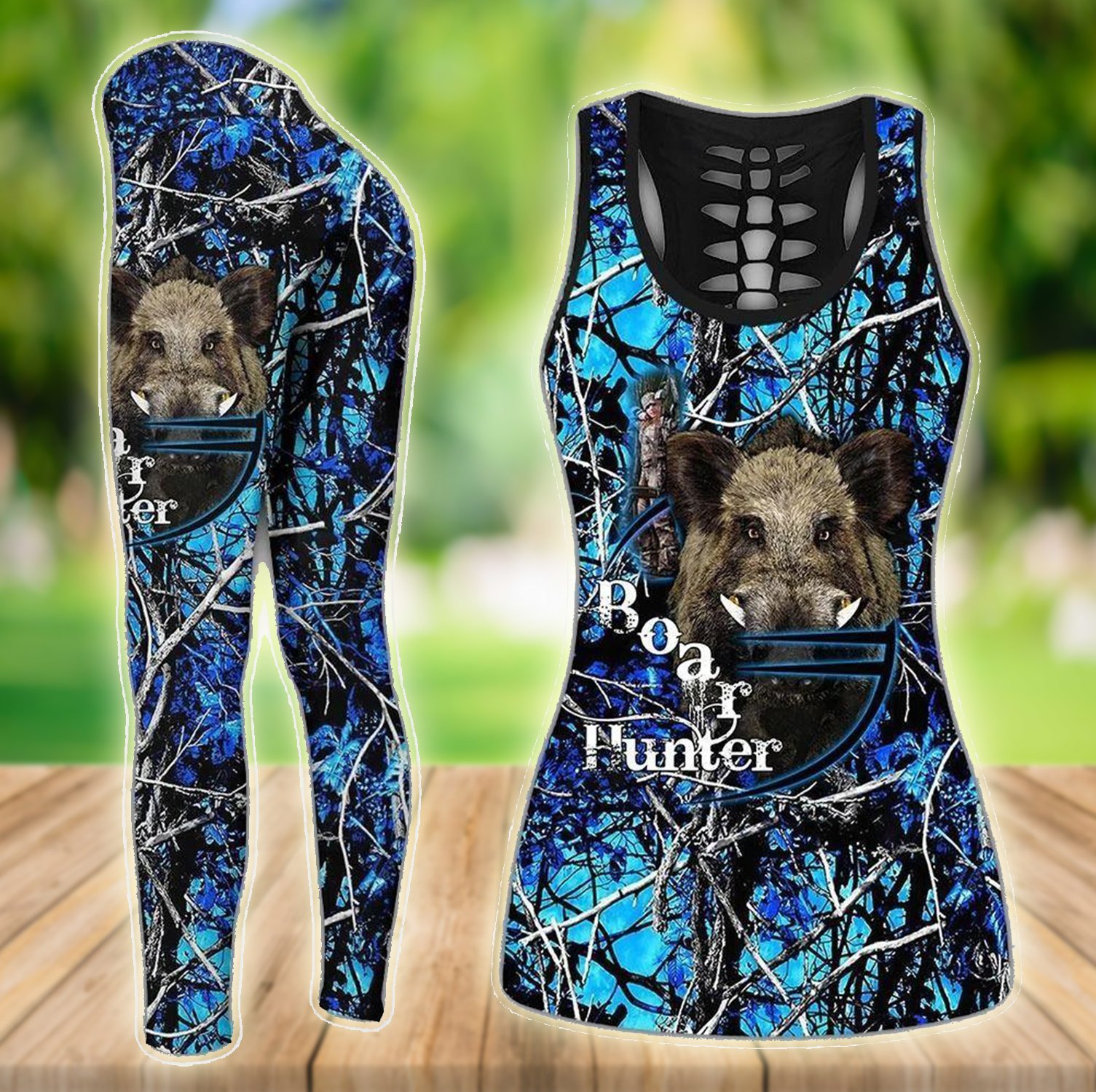 Hunting Boar Black & Blue Combo Hollow Tank & Legging Outfit 131