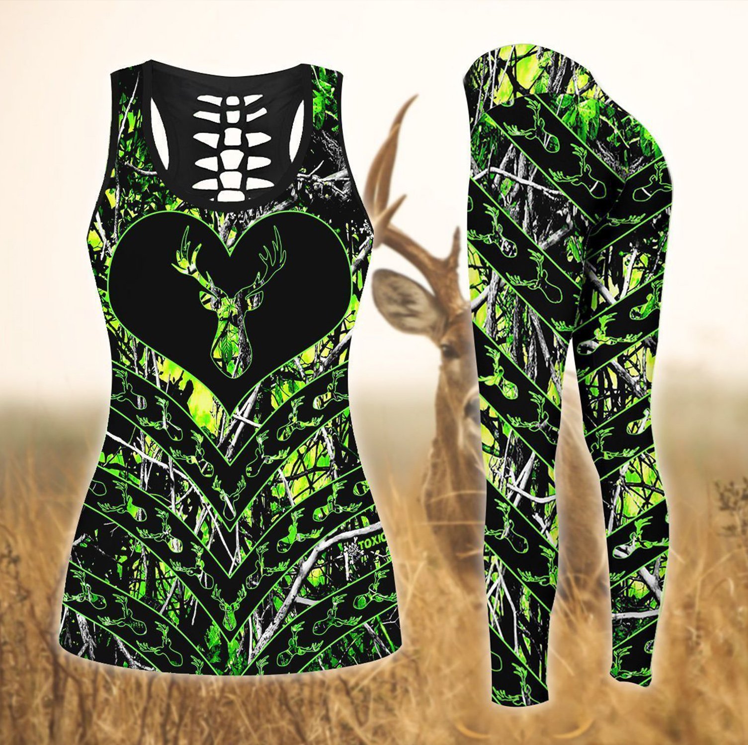 Deer Hunting Black & Green Combo Hollow Tank & Legging Outfit 131