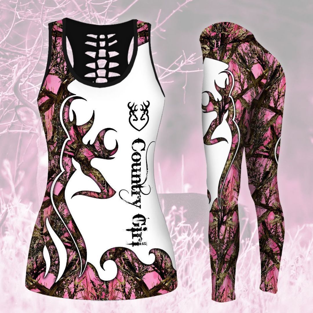 Country Girl Deer Hunting White & Pink Combo Hollow Tank & Legging Outfit 131