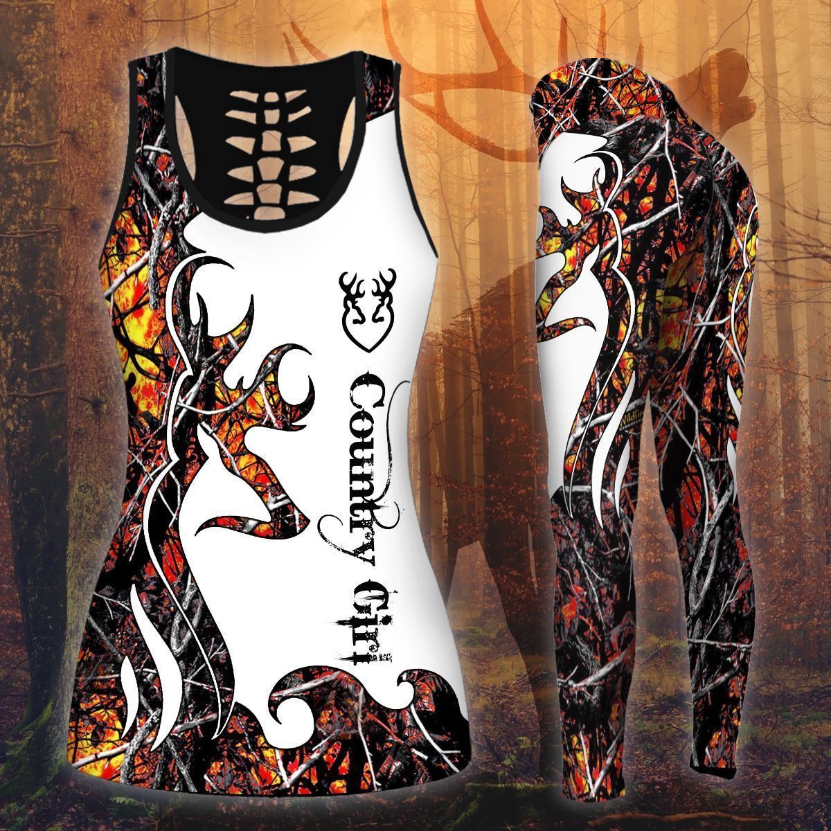 Country Girl Deer Hunting Red Flame Combo Hollow Tank & Legging Outfit 131