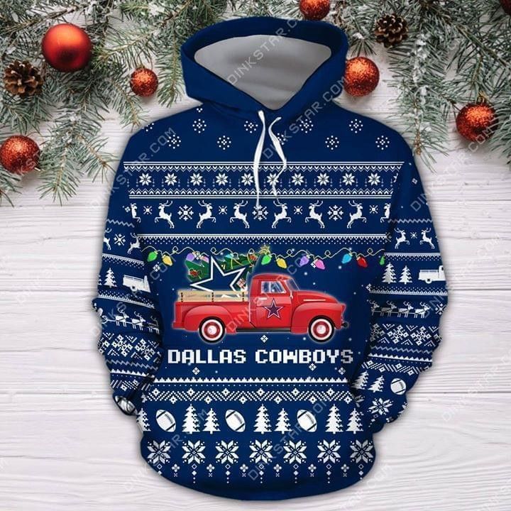 Dallas Cowboys Christmas Truck Ugly Christmas 3D Pullover Hoodie, Bomber Jacket, Sweatshirt, T-Shirt