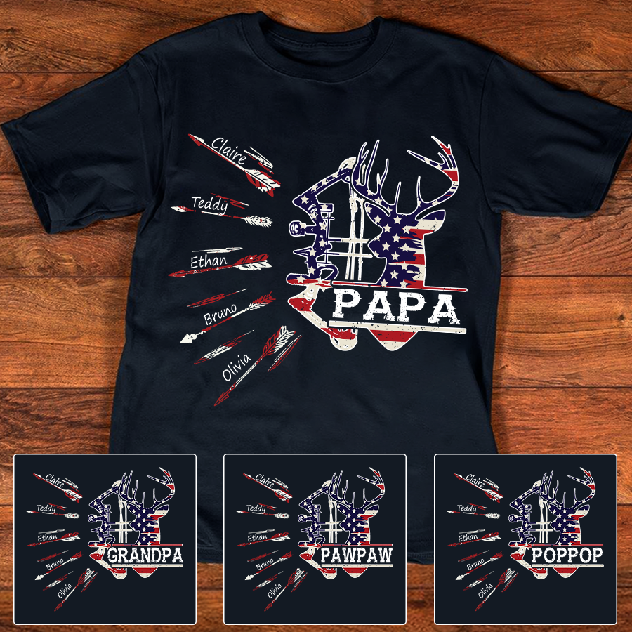 Papa Bow Hunting USA Flag Personalized Shirt For Grandpa, Nickname and Grandkid’s names