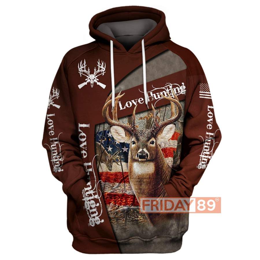 Love Hunting Deer Hunting American Flag 3D Print Hoodie