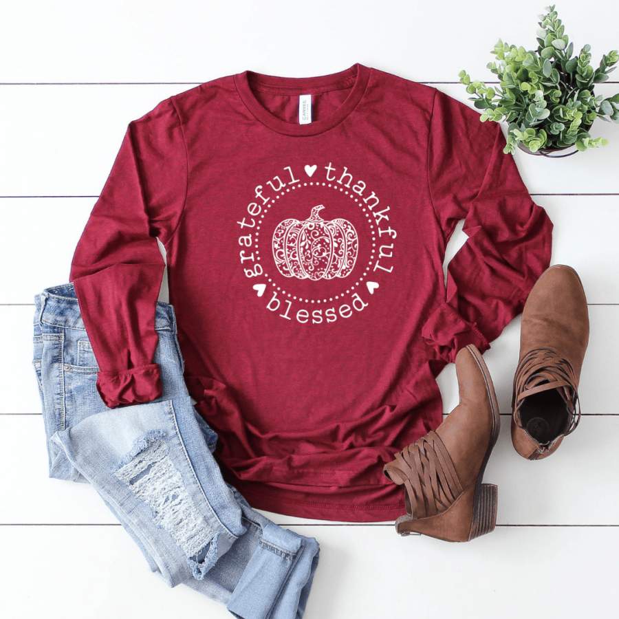 Grateful Thankful Blessed Pumpkin Circle Long Sleeve T Shirt