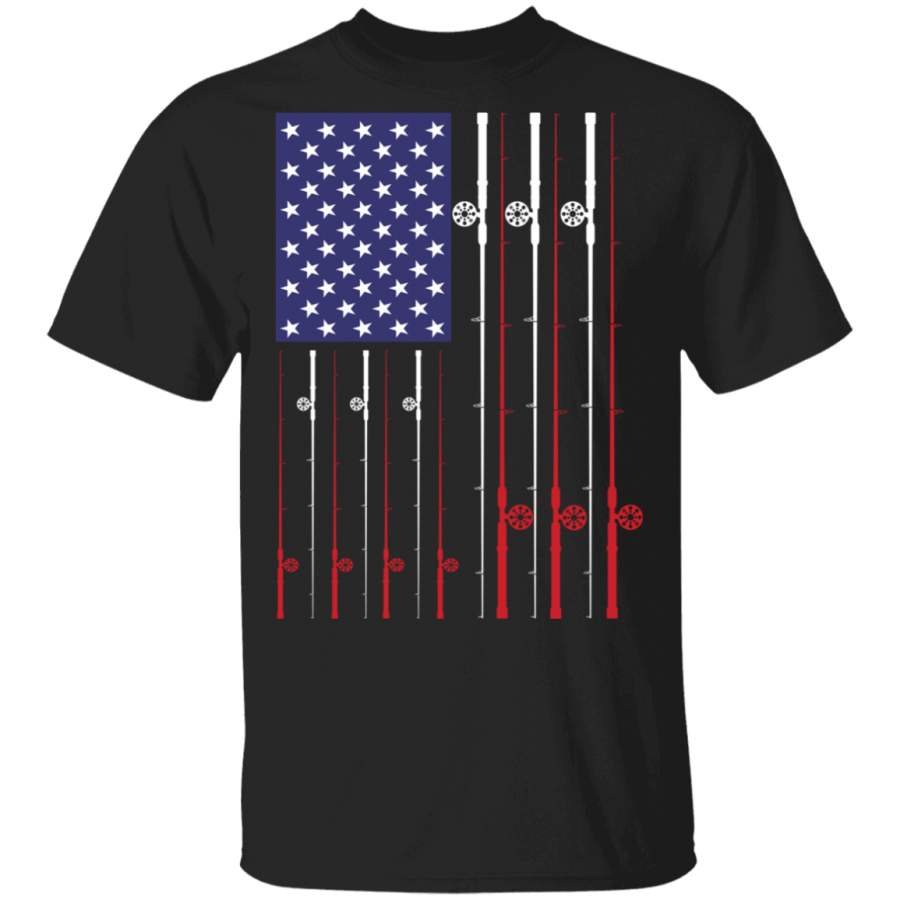 Fishing Rod American Flag T-Shirt Funny Fish Hunting Shirt For Patriot Gift For Fisherman