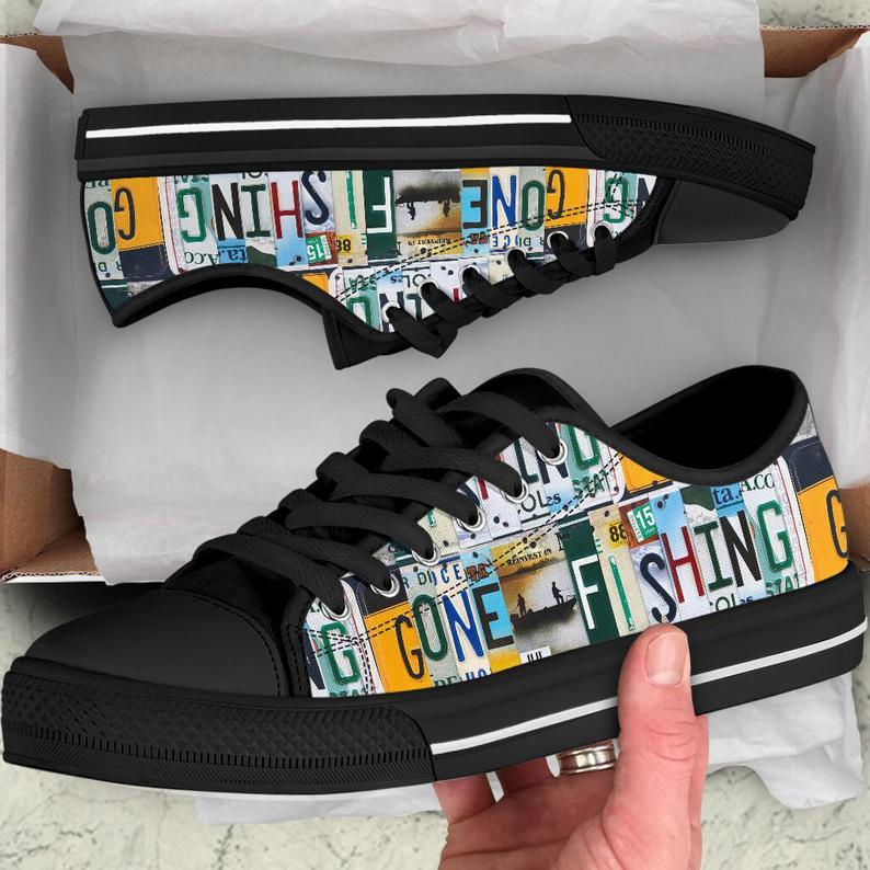 Gone Fishing Low Top Shoes, Love Fishing Shoes, Gift For Fisherman, License Plate Low Top, Shoes For Men Women, Love Hunting Shoes Gift