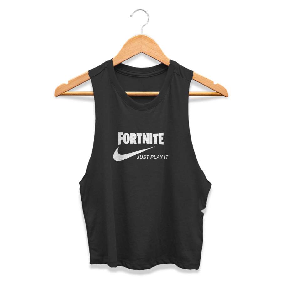 Fortnite Just Play It Run Dmc Logo Womans Crop Tanktop Tee