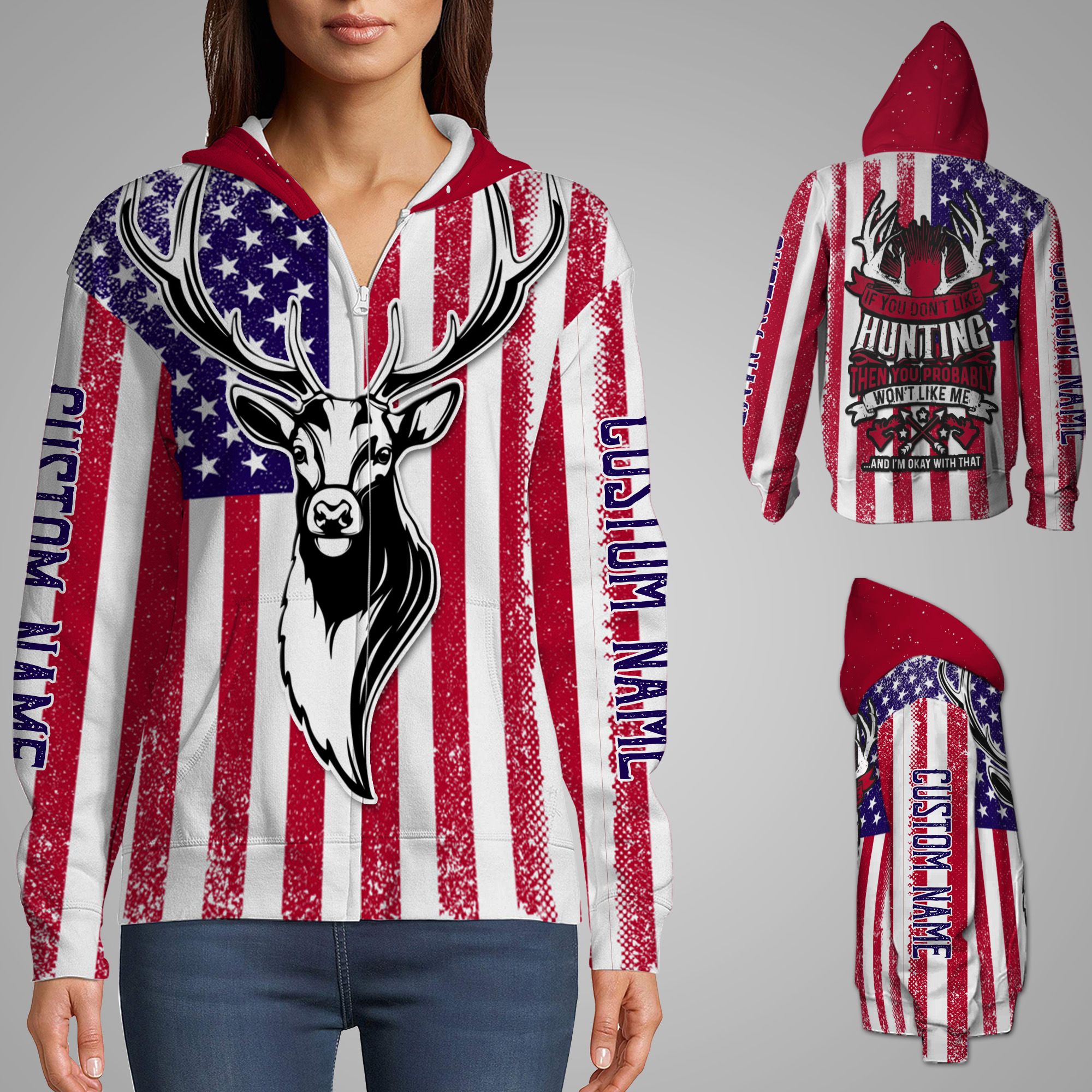 Deer Hunting American Flag Custom Name 3D Zip Hoodie Shirt For Hunters In Daily Life