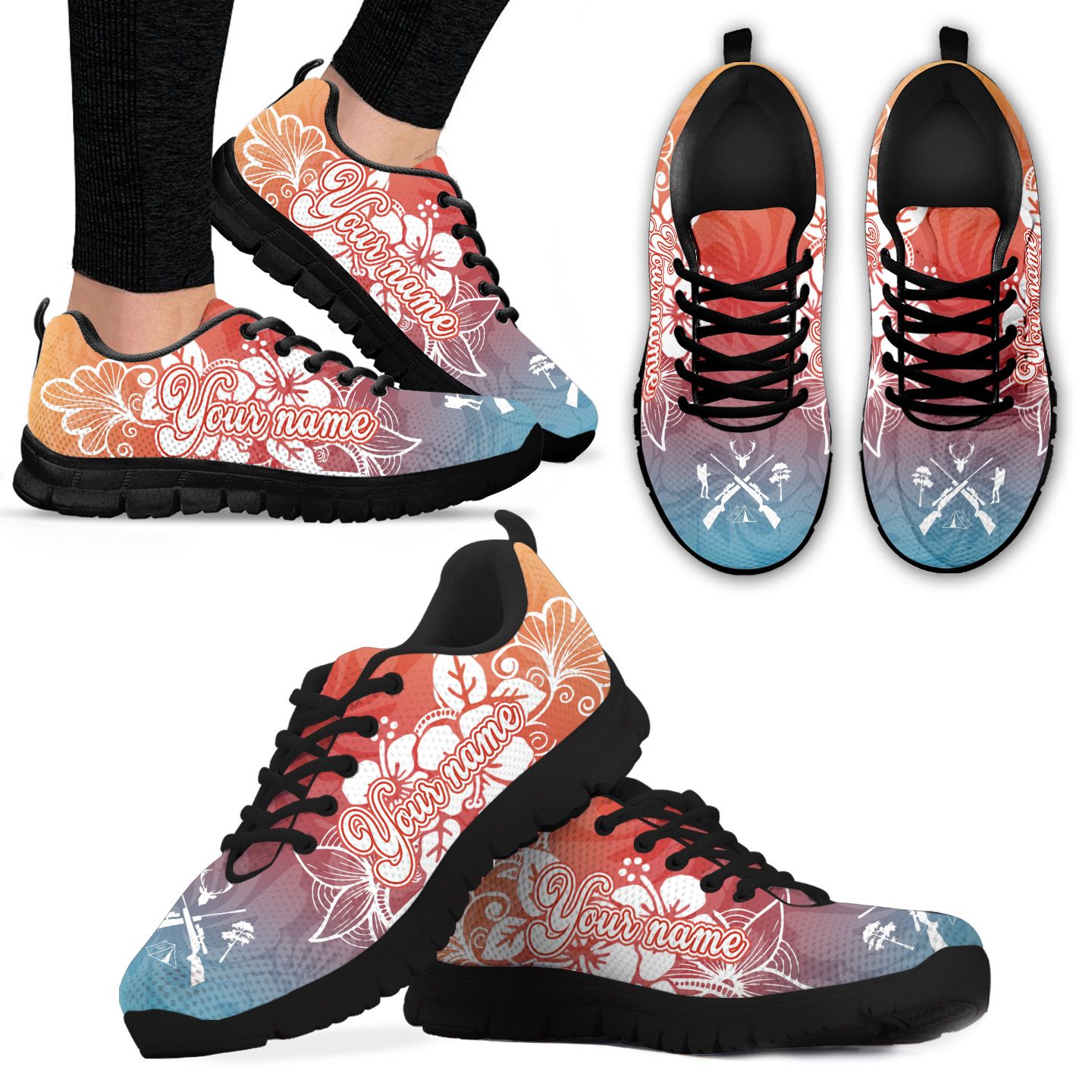 Hunting Tropical Flowers Custom Name Men Sneakers For Outdoor Lovers