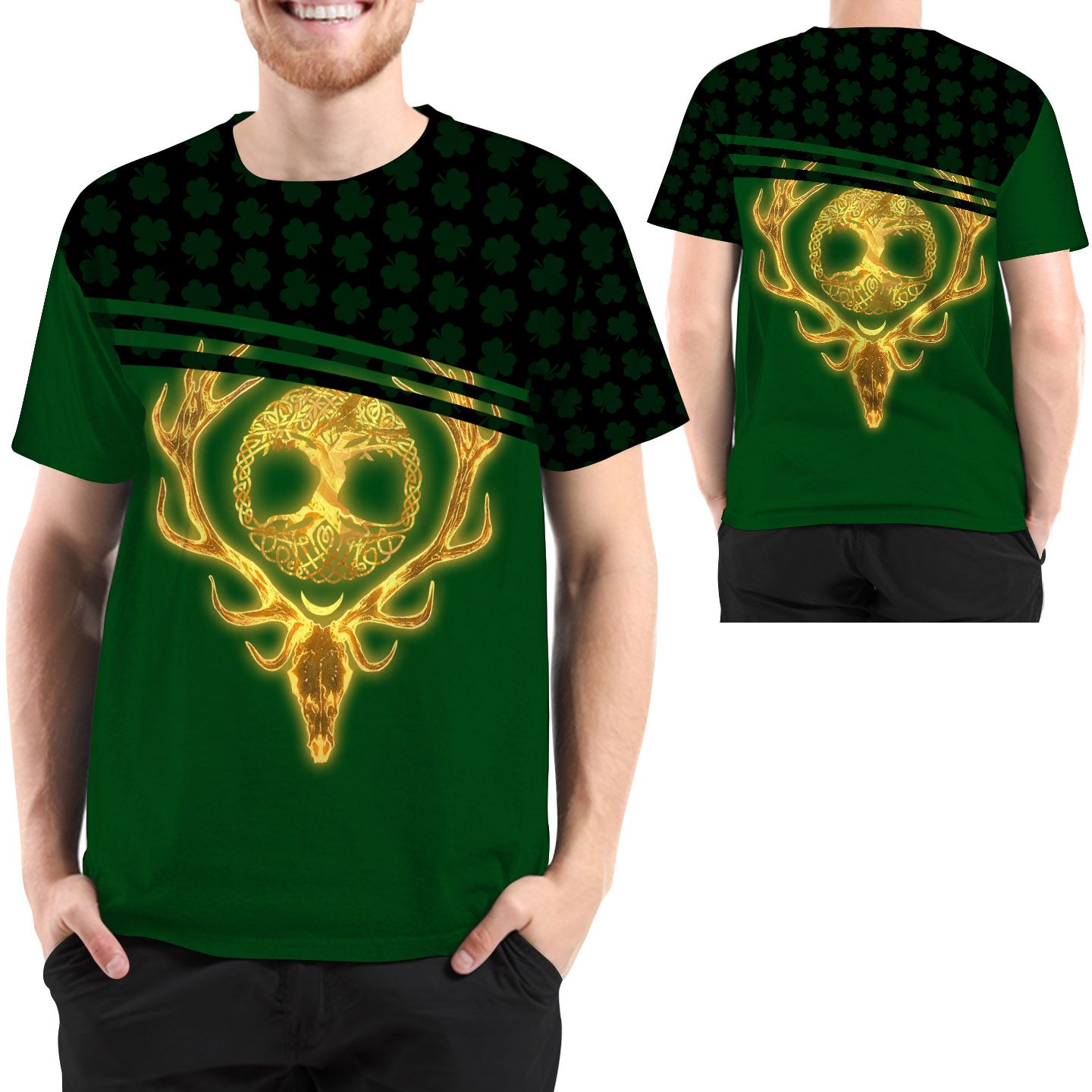 Hunting Deer And Tree Of Life Custom Name T Shirt For Hunter on St Patrick’s Day