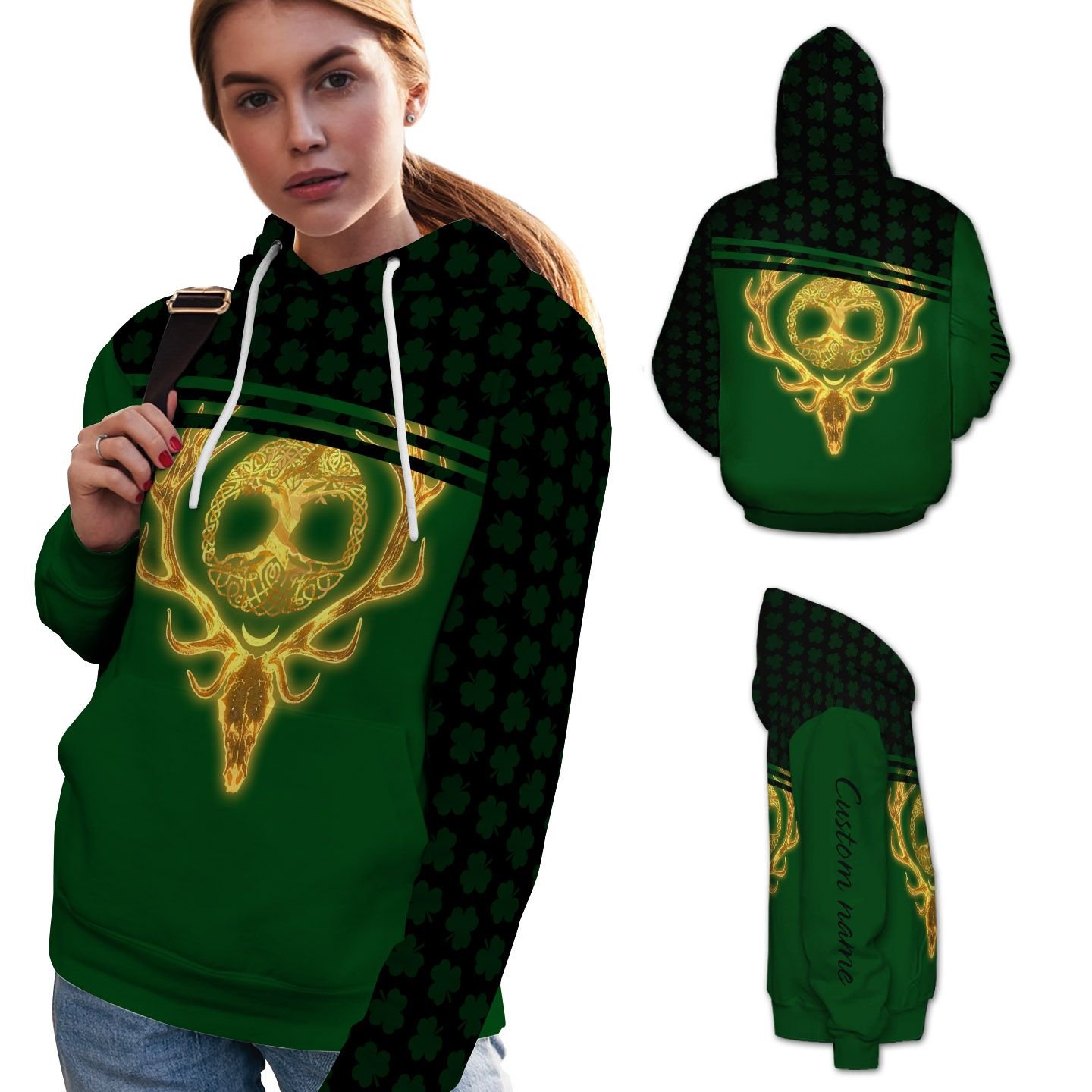 Hunting Deer And Tree Of Life Custom Name Hoodie T Shirt For Hunter on St Patrick’s Day