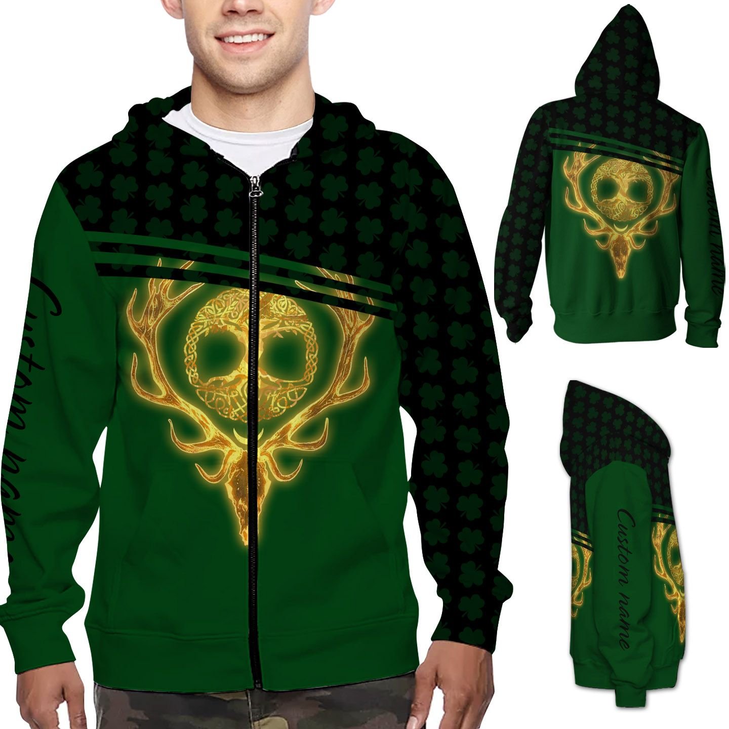 Hunting Deer And Tree Of Life Custom Name Zip Hoodie T Shirt For Hunter on St Patrick’s Day