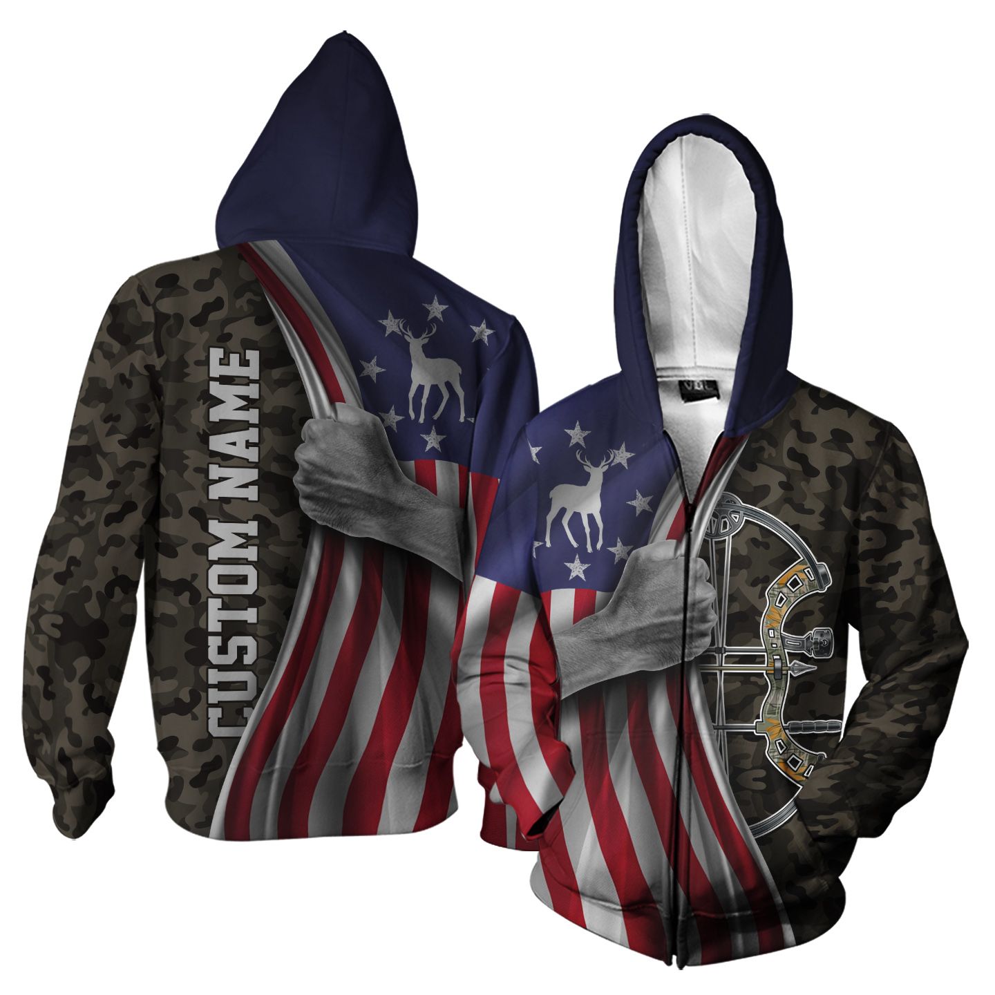 Custom Name Compound Bow Camouflage 3D Zip Hoodie For Deer Hunting Lovers