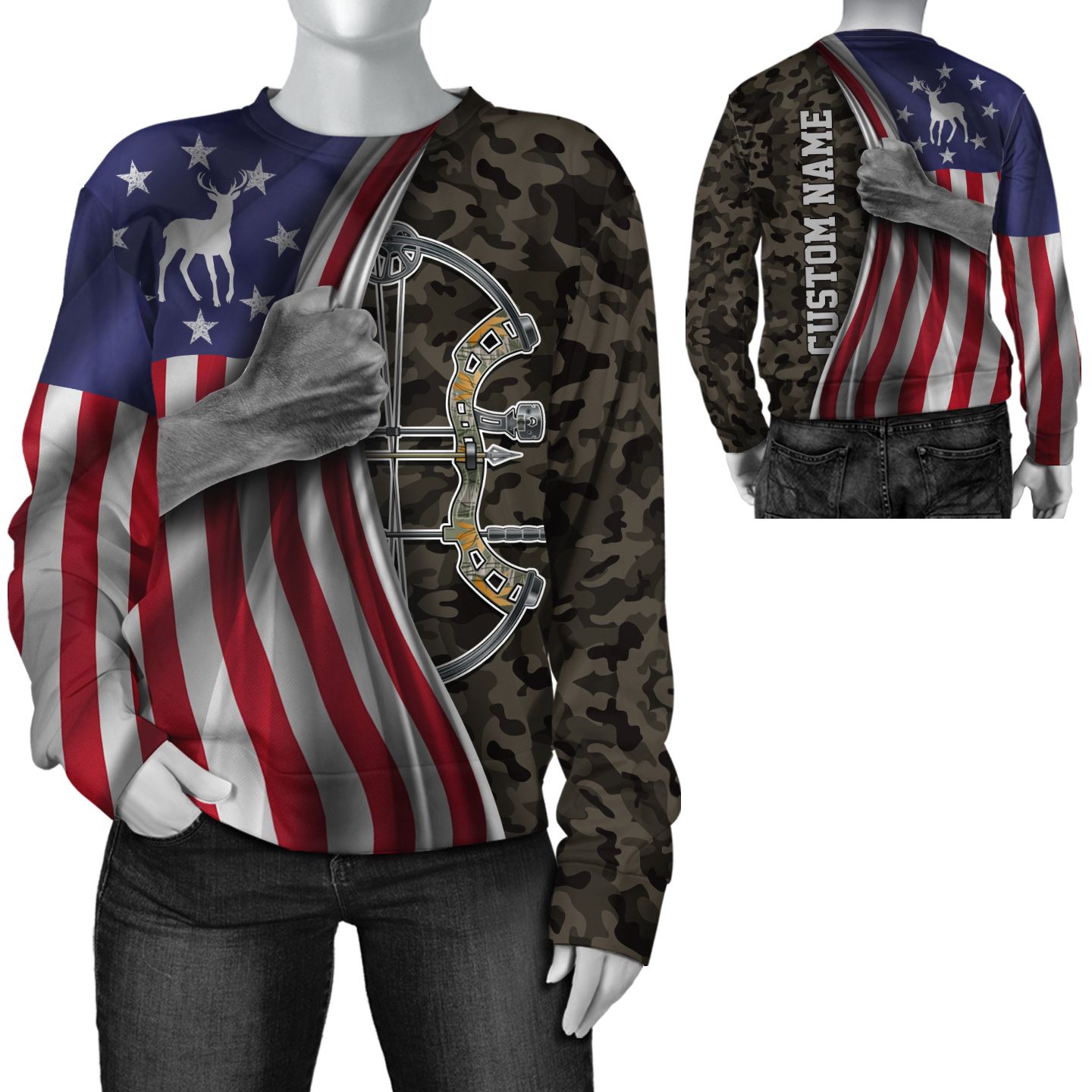 Custom Name Compound Bow Camouflage 3D Long Sleeve Tee For Deer Hunting Lovers