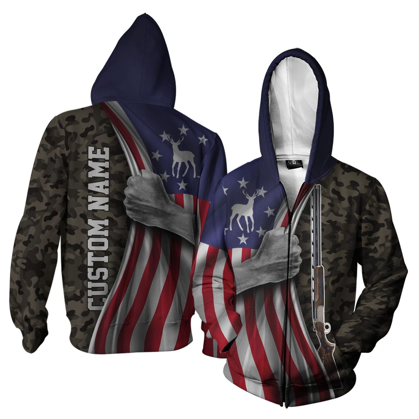 Custom Name Browning Citori Camouflage 3D Zip Hoodie For Deer Hunting Lovers