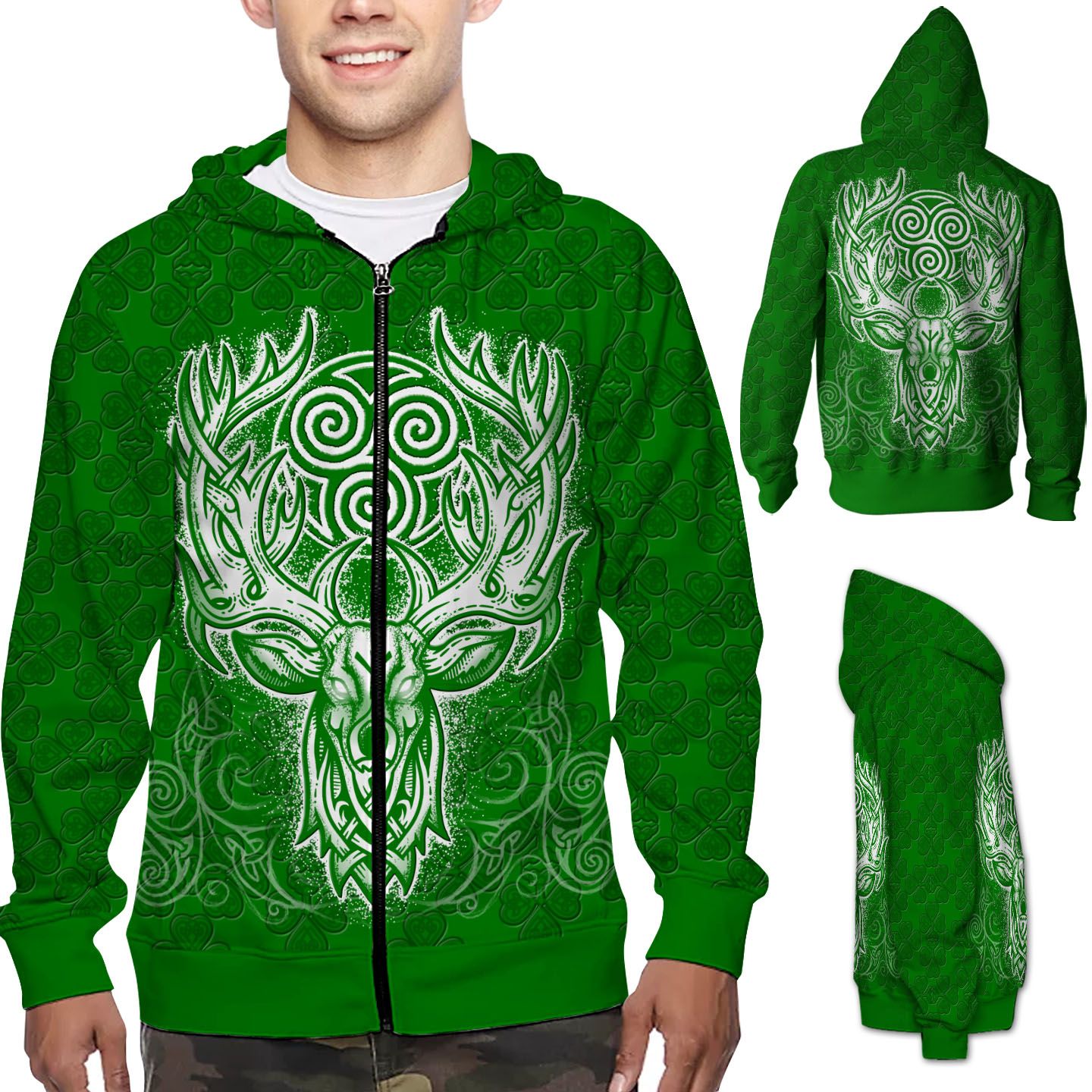 Deer Hunting Zip Hoodie T Shirt With Shamrock and Triskelion For Hunter On St Patricks Day