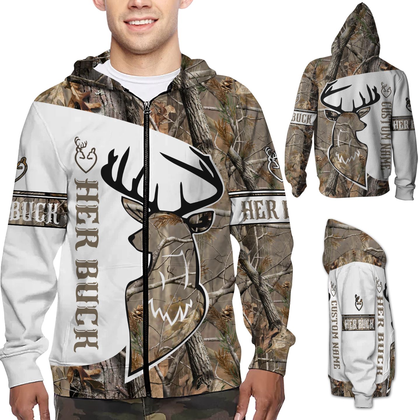 Custom Name Valentine Her Buck Matching 3D Zip Hoodie Shirt For Deer Hunting Lovers