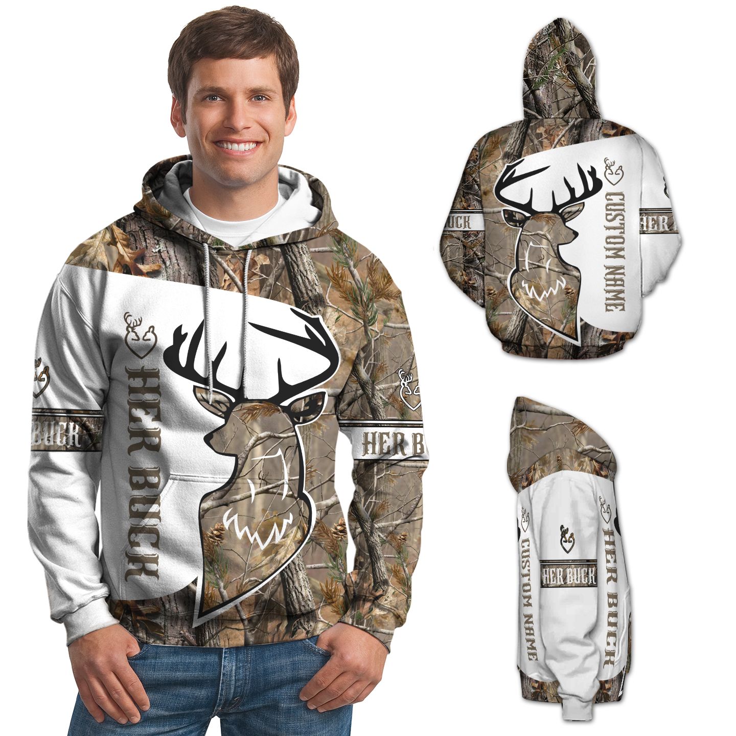 Custom Name Valentine Her Buck Matching 3D Hoodie Shirt For Deer Hunting Lovers