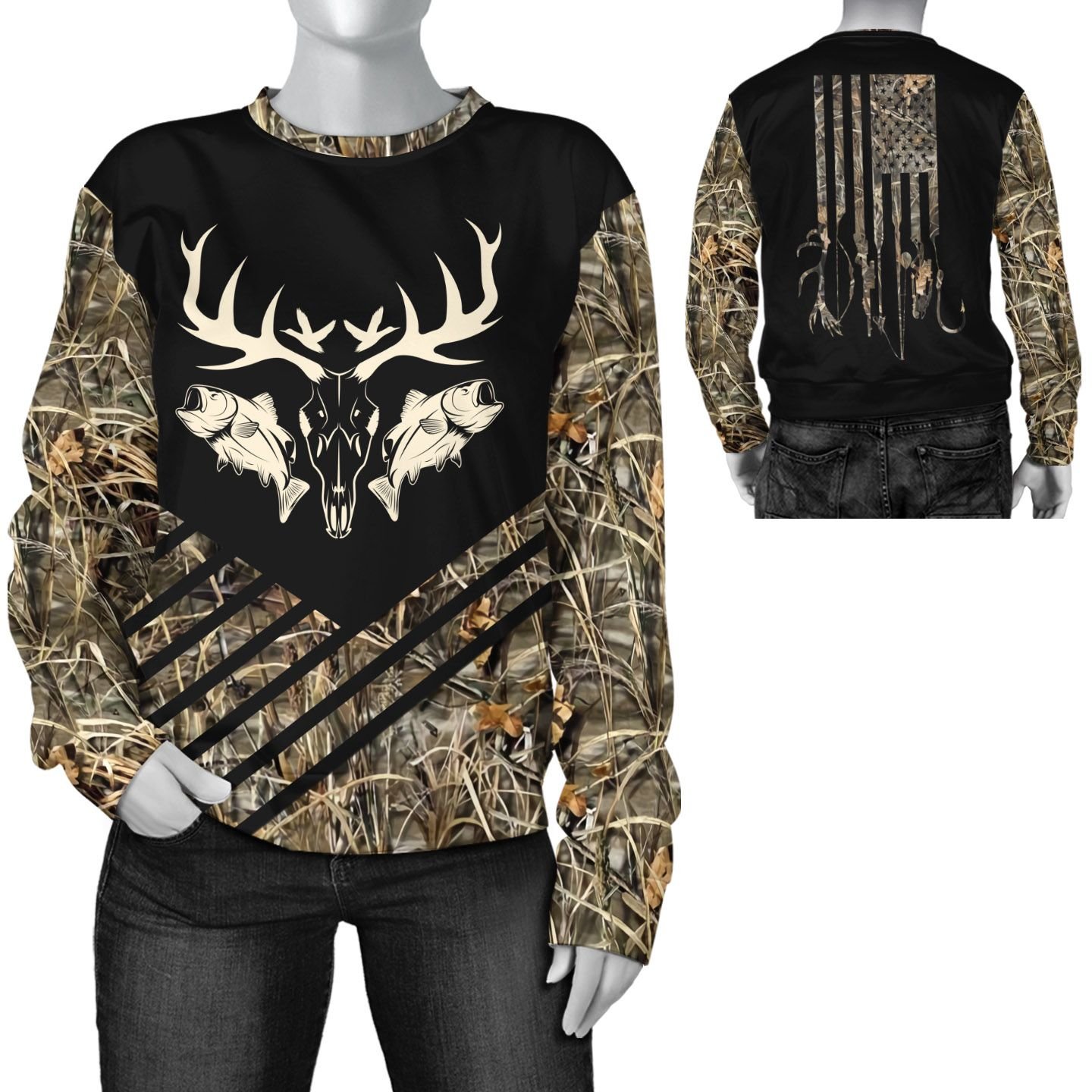 Deer Hunting and Fishing American Flag Camo Fabric Long Sleeve T Shirt For Hunter Fishermann